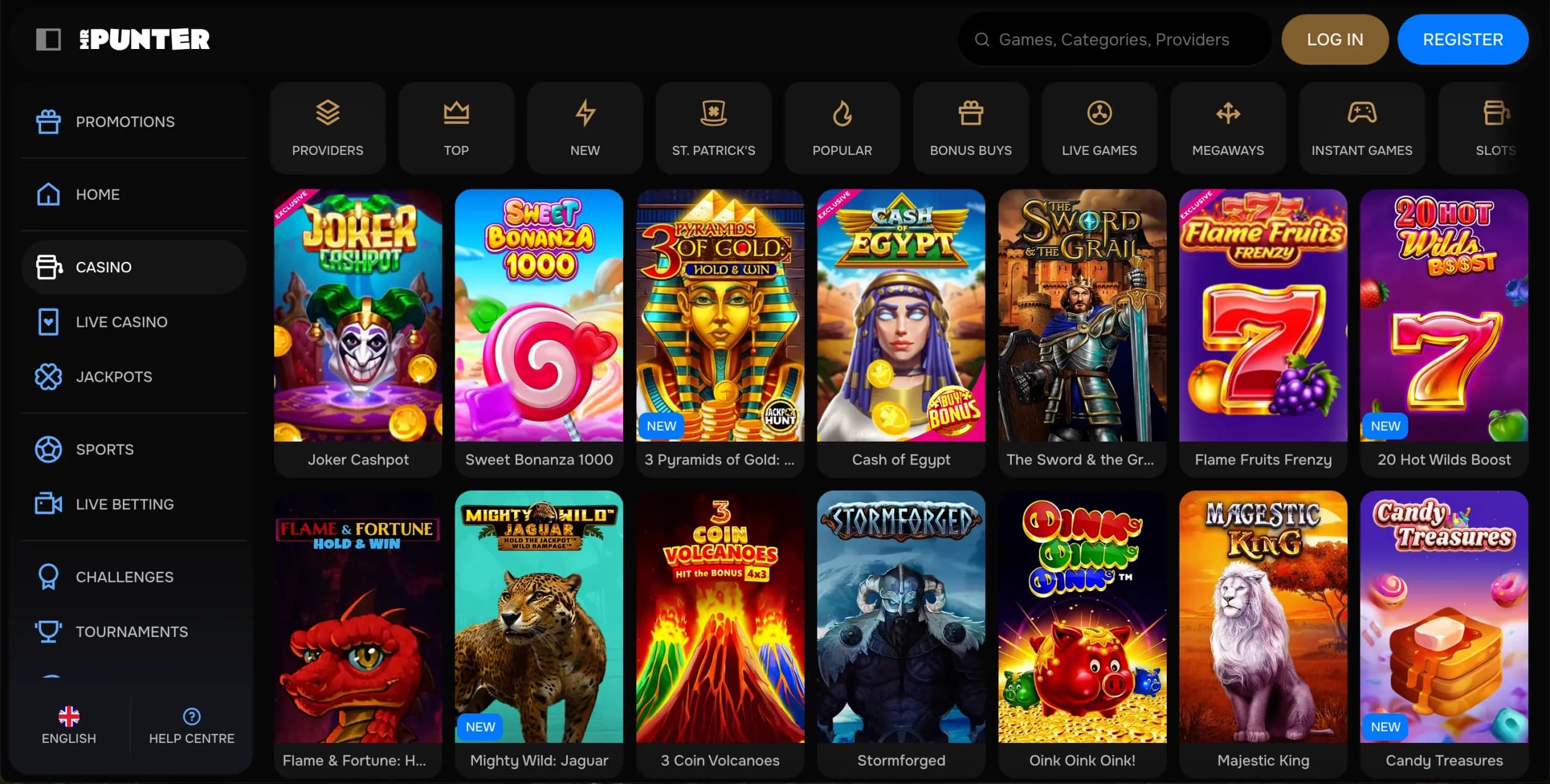 MrPunter Casino slots lobby showing a grid of slot game thumbnails with NEW labels and game titles