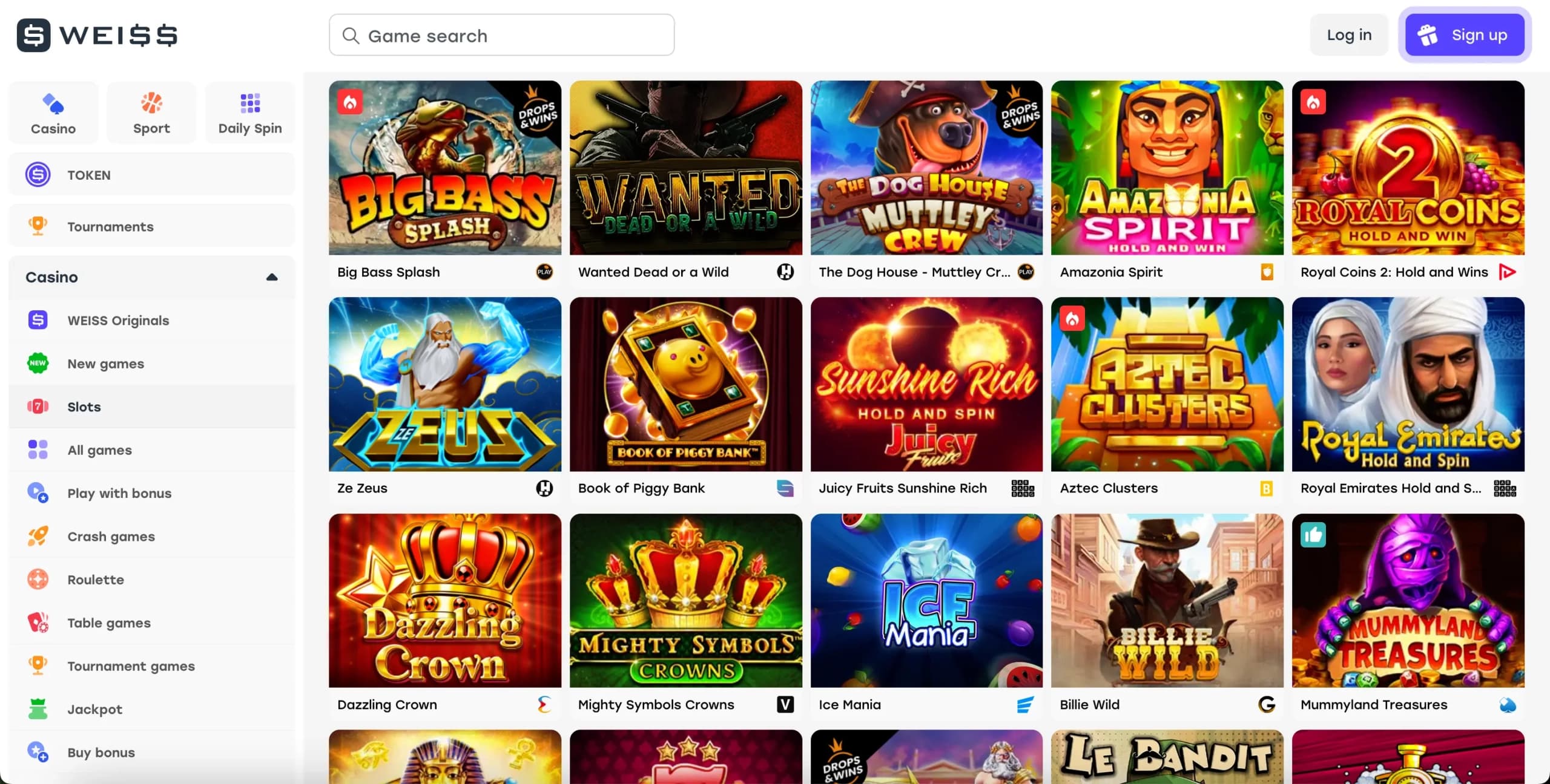 Weiss Casino slots lobby showing a grid of slot game thumbnails sorted by category and title