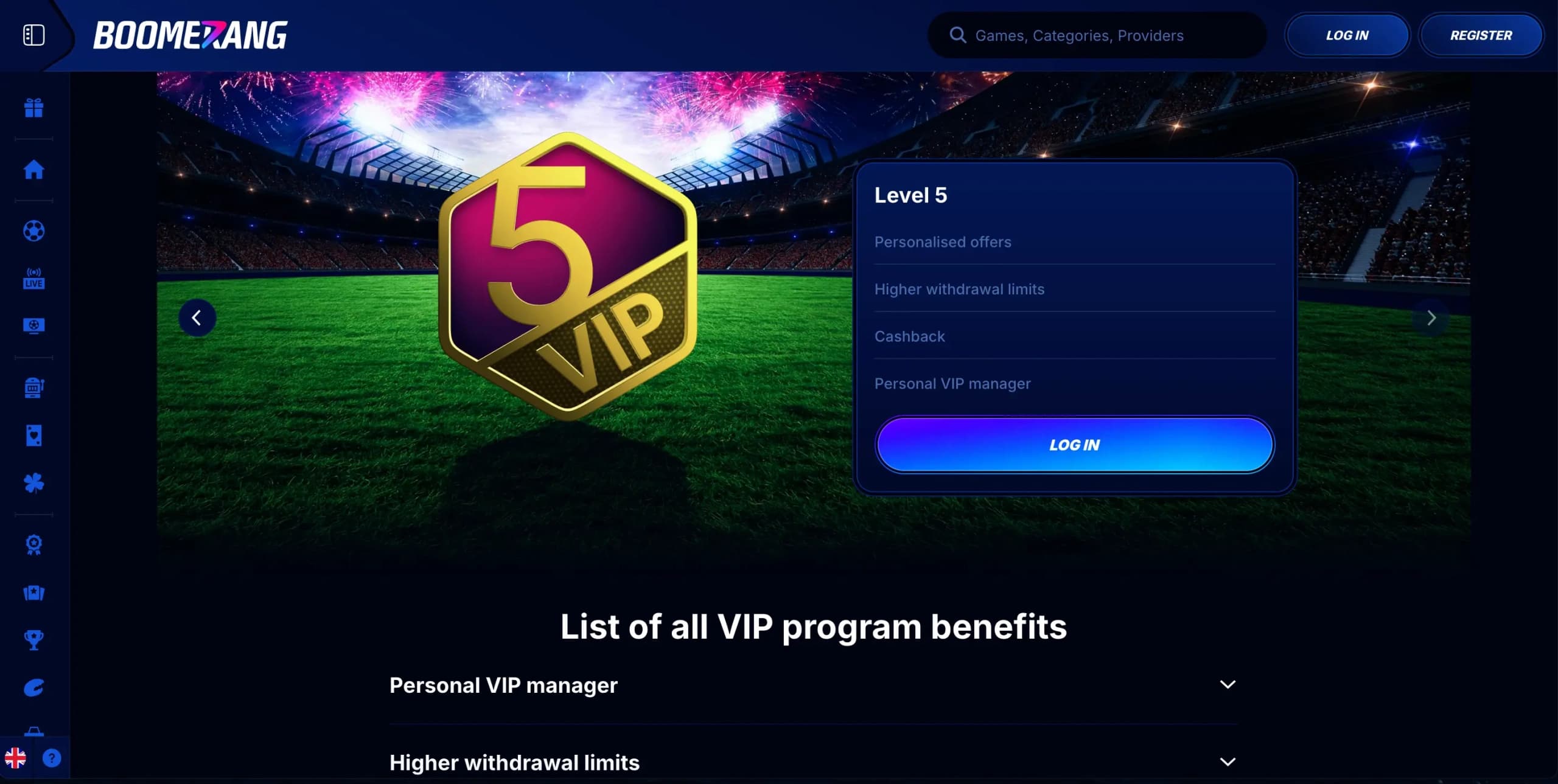 Boomerang-Bet VIP section screenshot showing Level 5 status with benefits including personalised offers, higher withdrawal limits, cashback rewards, and a personal VIP manager against a stadium background