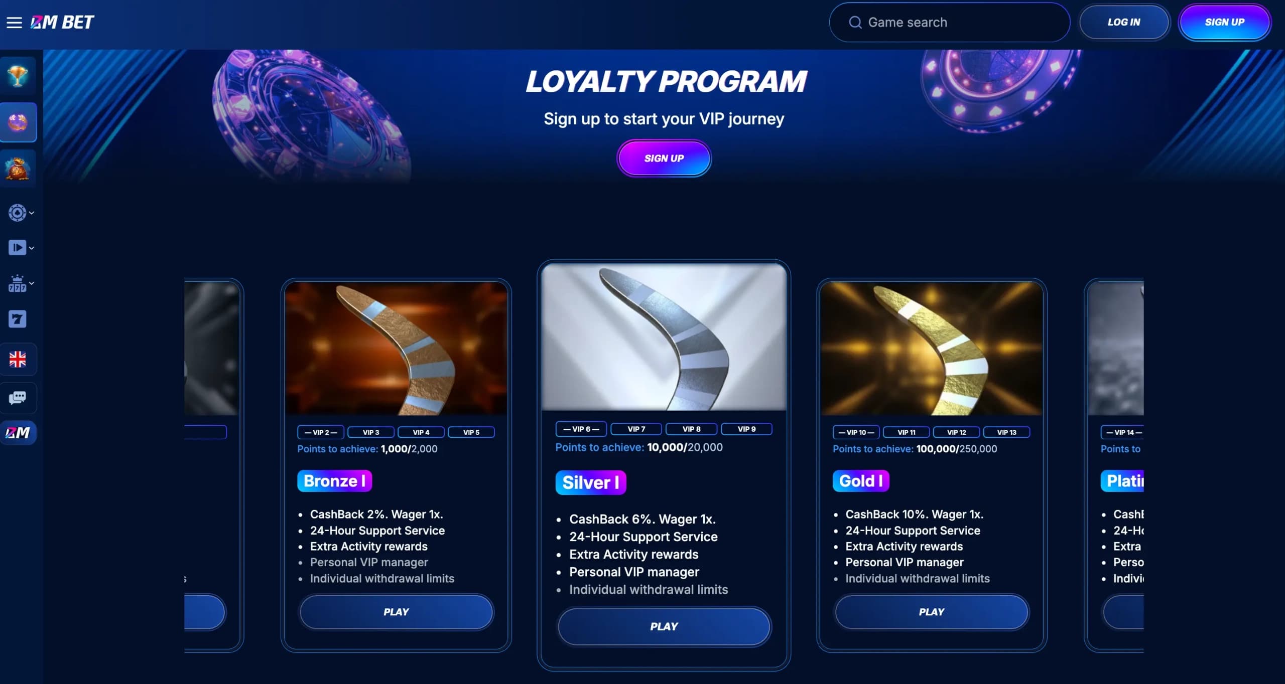 HunnyPlay Casino slot game lobby showing a grid of slot thumbnails with game titles, provider names, and a left-side navigation menu for filtering by category