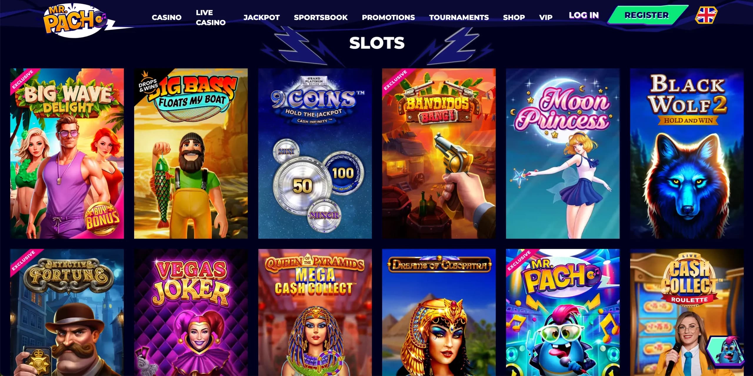 MrPacho Casino slots lobby showing game thumbnails including Big Wave Delight, 9 Coins, Moon Princess, and Cash Collect Roulette