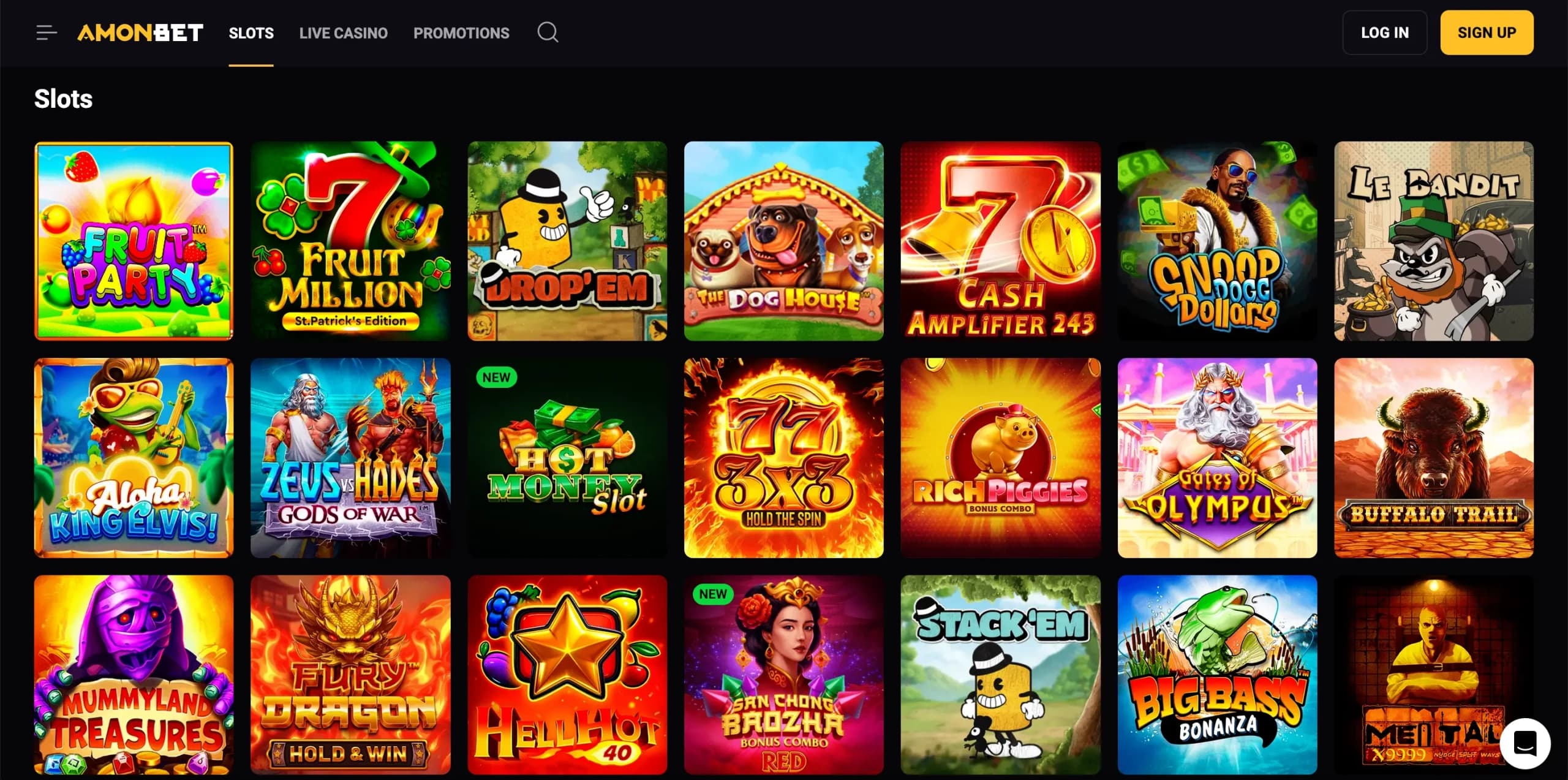 BillyBets Casino slots lobby showing colorful game thumbnails including Big Wave Delight, 9 Coins, Moon Princess, and Vegas Joker with category navigation options