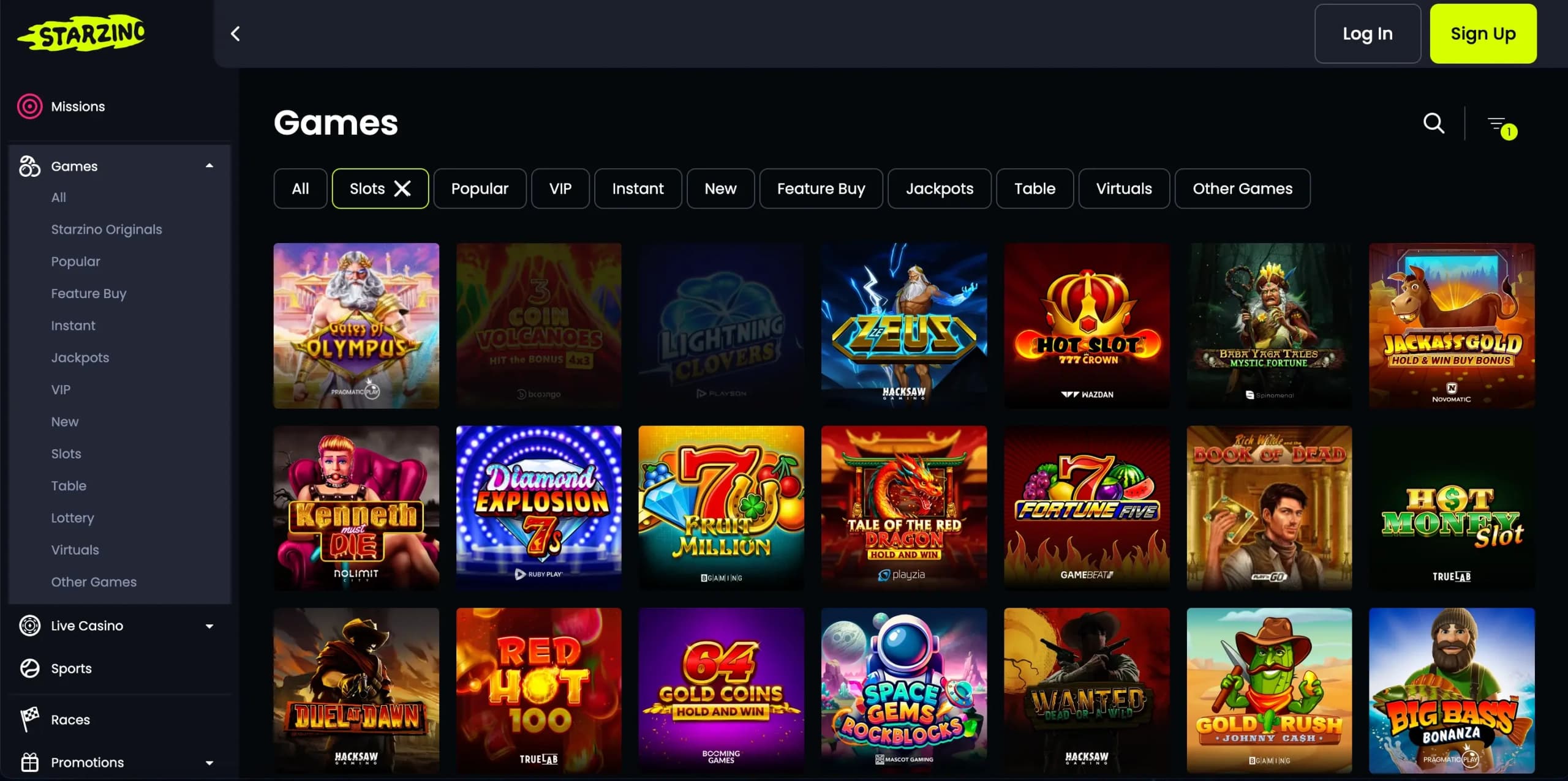 Starzino casino games lobby showing slot categories including Popular, Jackpots, and Table games with multiple game thumbnails.