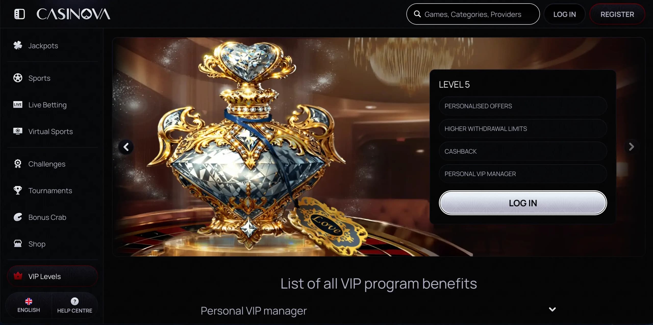 Casinova Casino VIP Levels page showing a decorative perfume bottle graphic alongside a full list of Level 5 member benefits including personalised offers, elevated withdrawal limits, cashback rewards, and a dedicated VIP manager