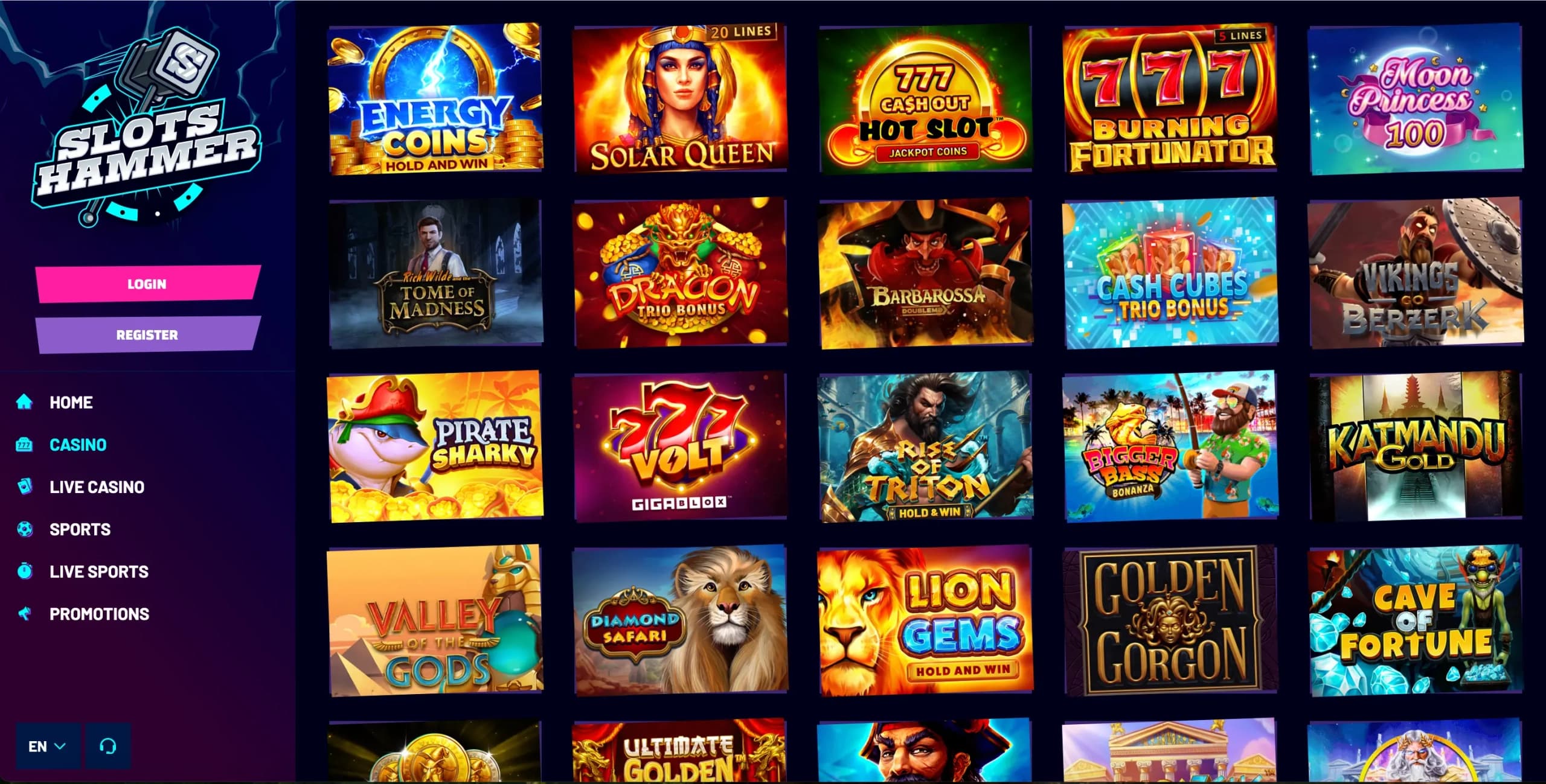 Slots Hammer casino homepage displaying a wide selection of colourful slot game thumbnails and titles.