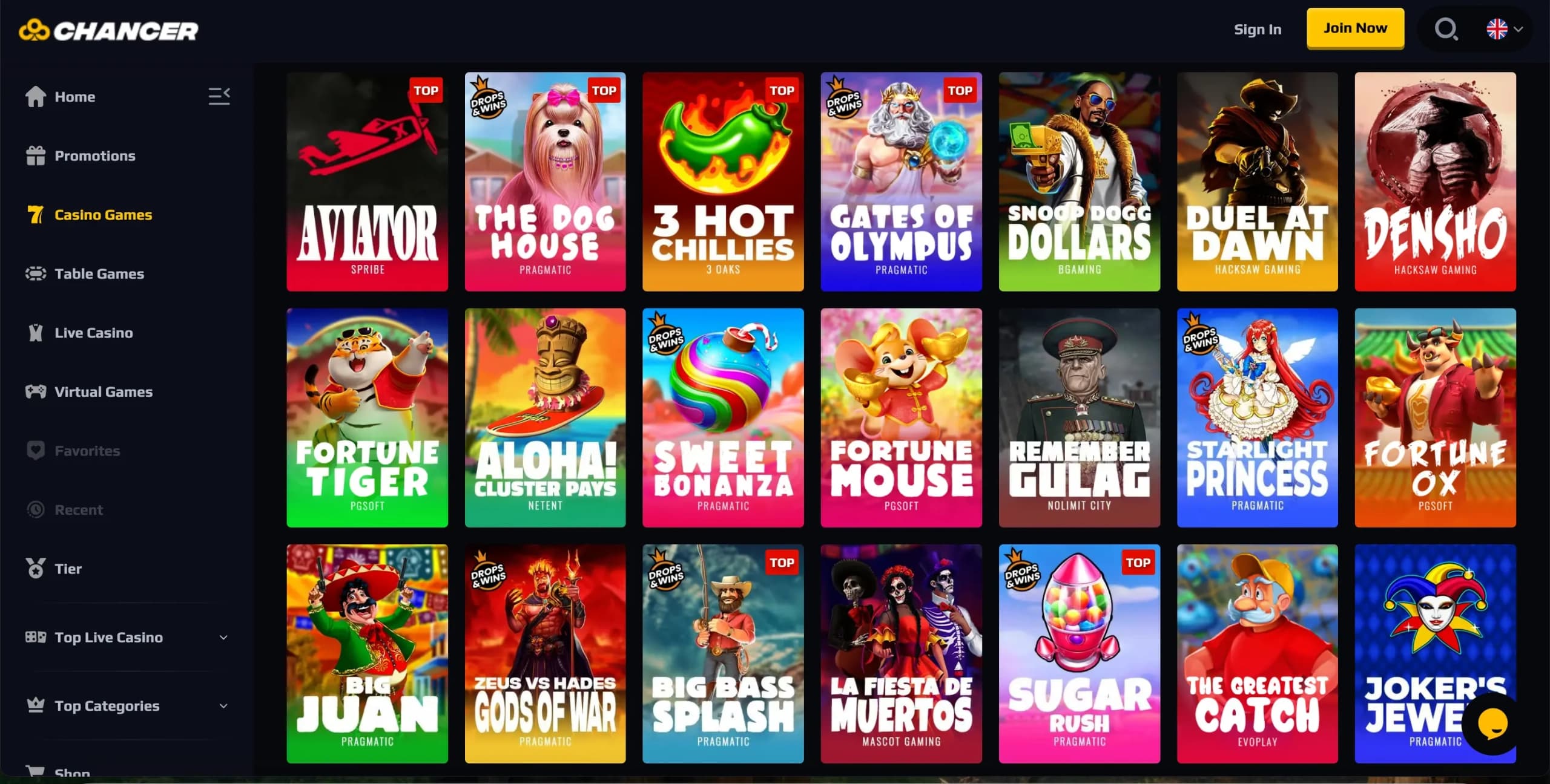 Chancer Casino game lobby displaying a grid of slot thumbnails including Aviator, The Dog House, and Sweet Bonanza with category filters on the left