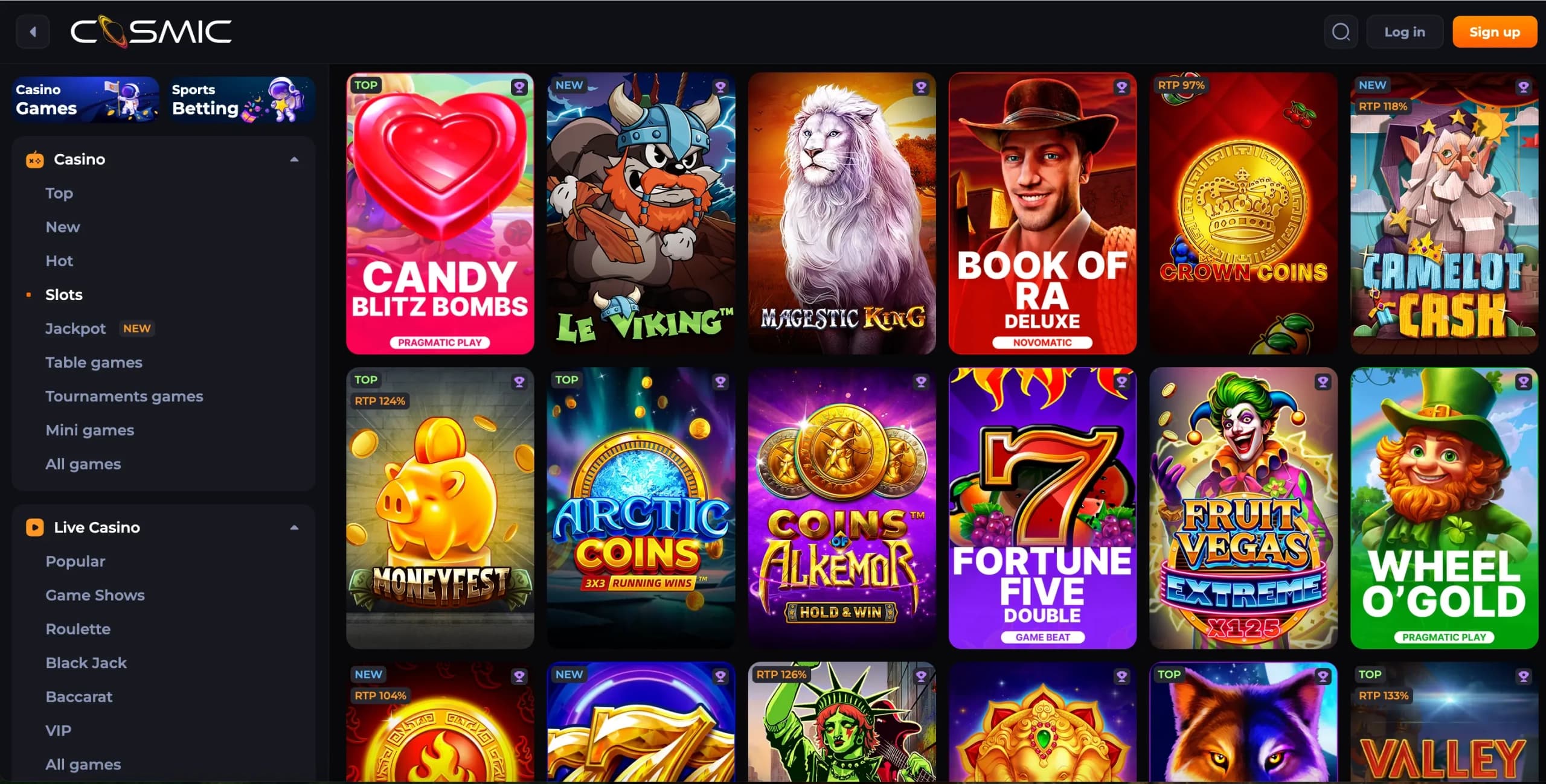 CosmicSlot Casino game lobby showing colourful slot thumbnails and category filters across the homepage