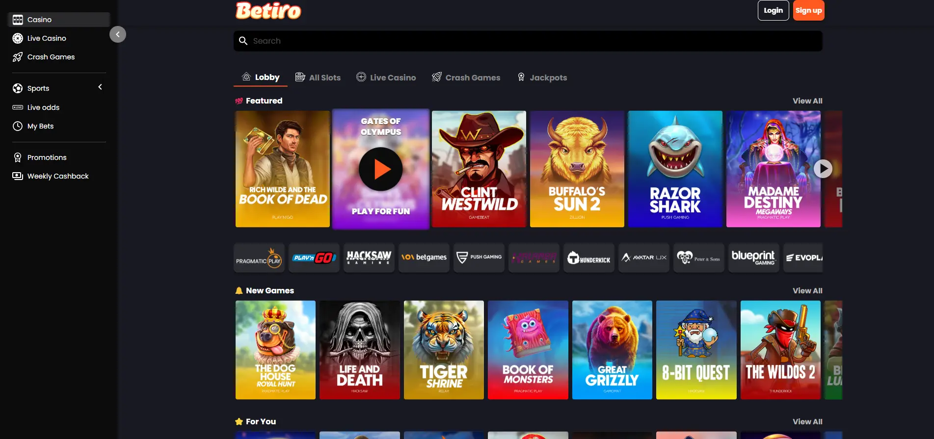 Betiro Casino game lobby with filters for All Slots, Live Casino, Crash Games, and Jackpots, plus subcategories including Featured, New Games, and For You