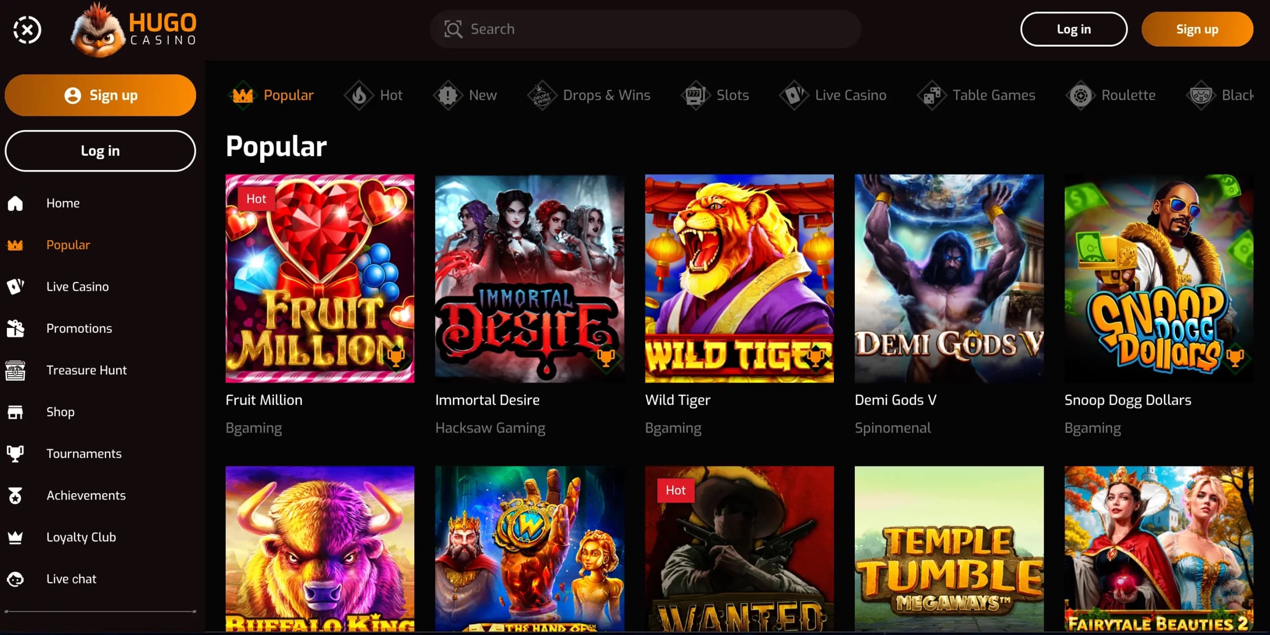 Hugo Casino popular games section showing a grid of slot thumbnails including Buffalo King, Sweet Bonanza, Temple Tumble Megaways, and titles from providers such as BGaming, Hacksaw Gaming, and Spinomenal.