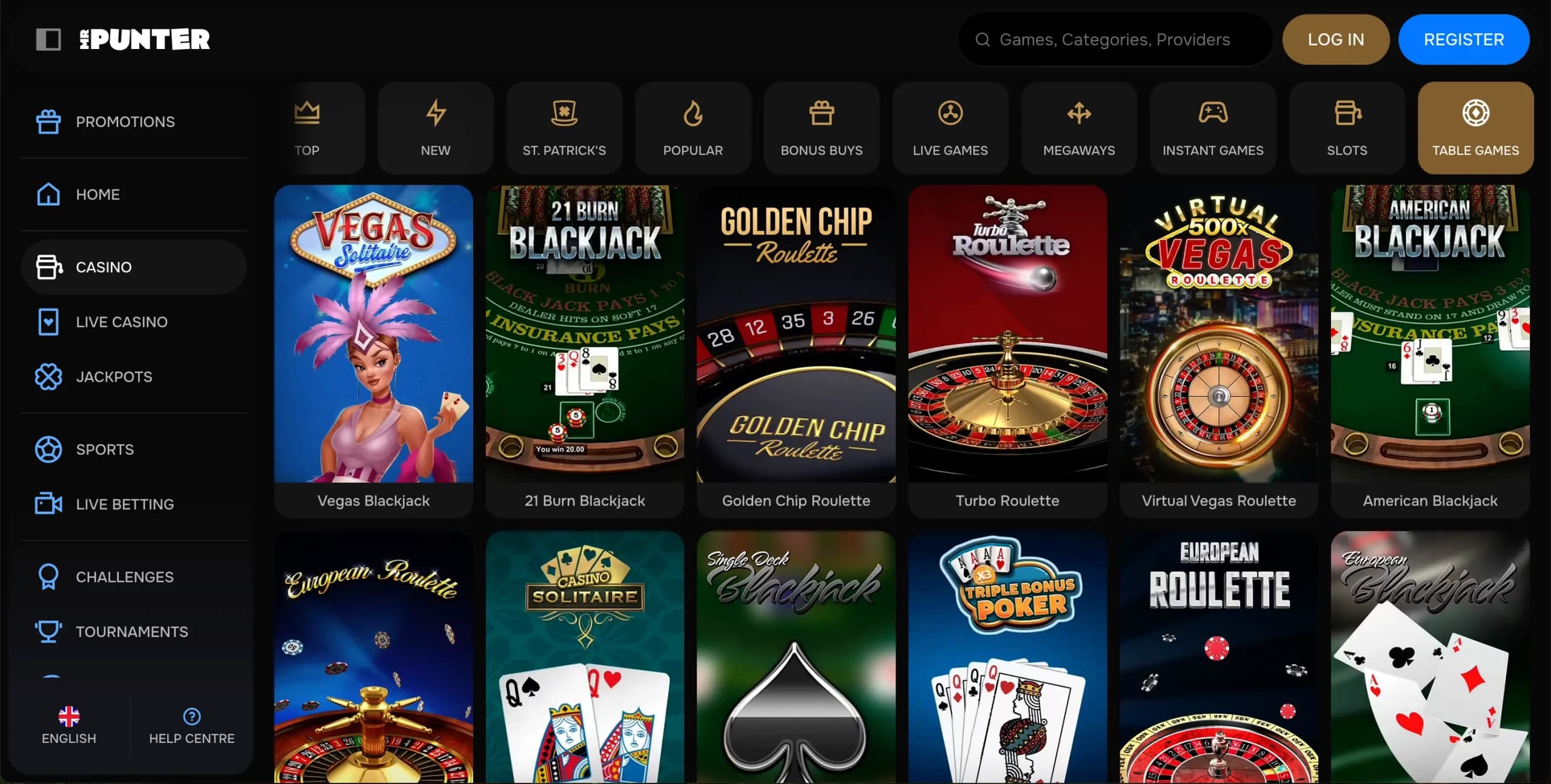MrPunter Casino table games section featuring card game and roulette thumbnails across multiple variants