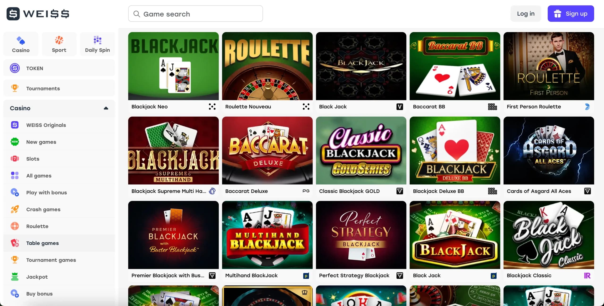 Weiss Casino table games section displaying blackjack and roulette game thumbnails with titles and categories