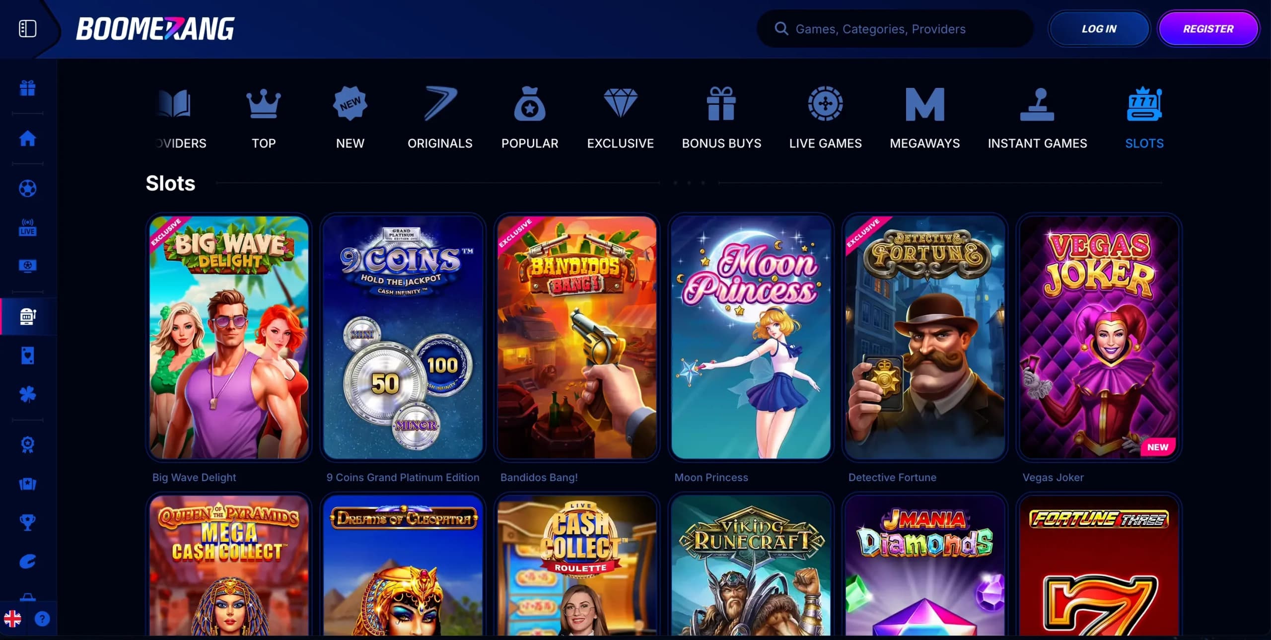 A screenshot of the Boomerang-Bet Casino slots lobby showing a grid of game thumbnails including Big Wave Delight, 9 Coins Grand Platinum Edition, Bandidos Bang, Moon Princess, Detective Fortune, Vegas Joker, Queen of Pyramids Mega Cash Collect, Dreams of Cleopatra, Cash Collect Roulette, Vikings Runecraft, Mania Diamonds, and Fortune Three, with navigation tabs for Providers, Top, New, Originals, Popular, Exclusive, Bonus Buys, Live Games, Megaways, and Instant Games.