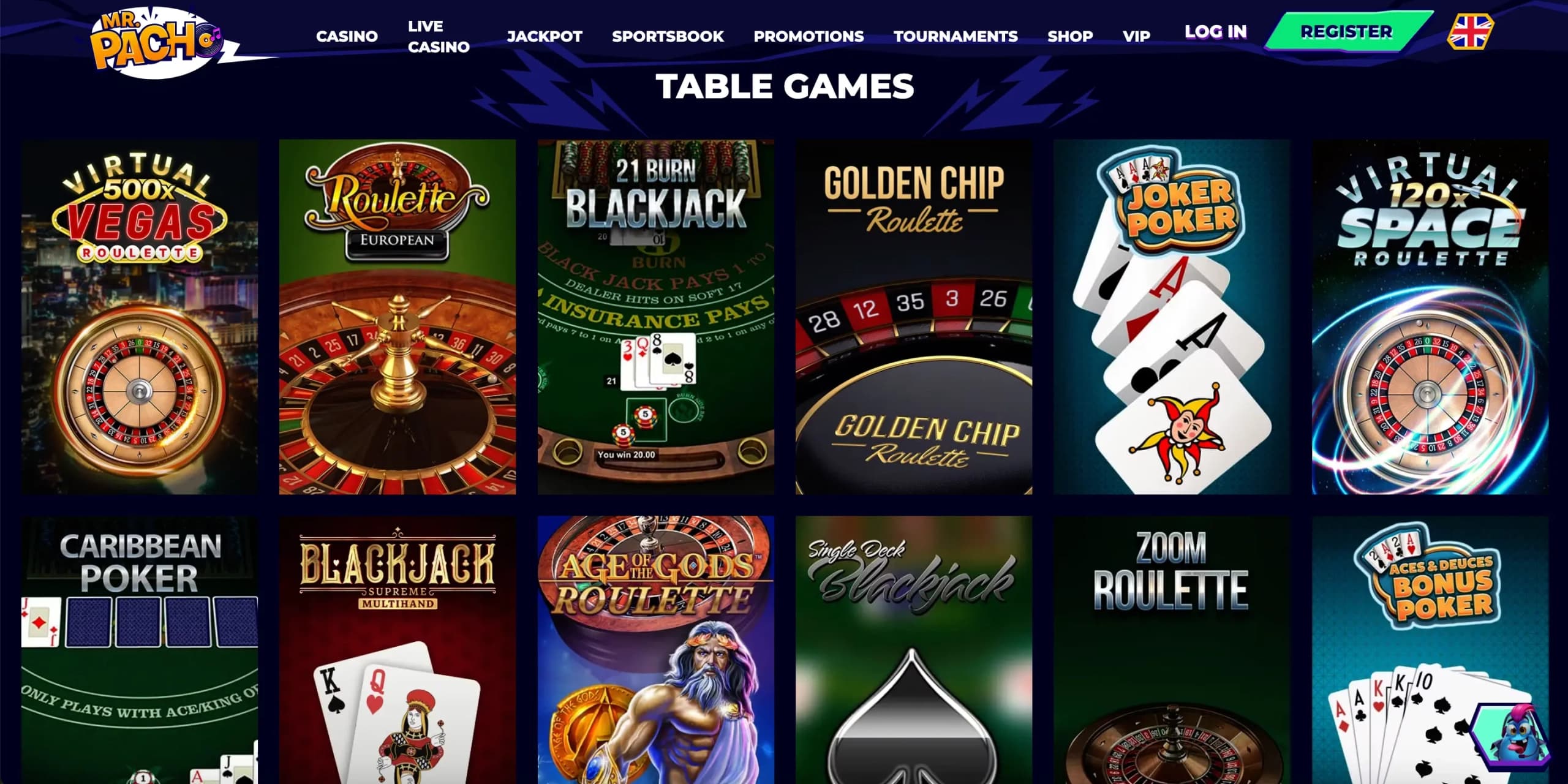 MrPacho Casino table games lobby featuring roulette, blackjack, poker, and baccarat thumbnails with colourful game artwork