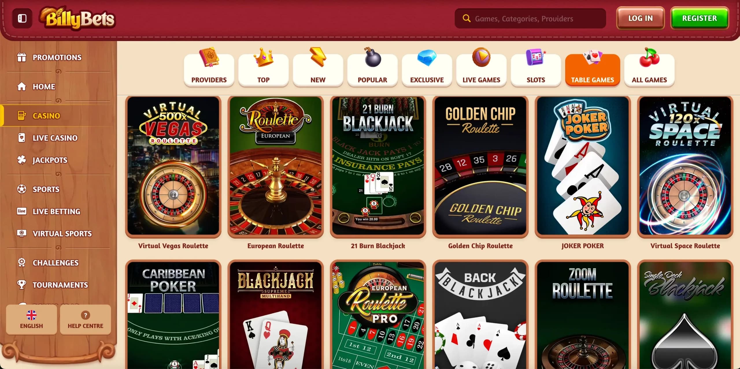 BillyBets Casino table games section displaying thumbnails for Virtual Vegas Roulette, European Roulette, Blackjack, and Joker Poker alongside site navigation menus