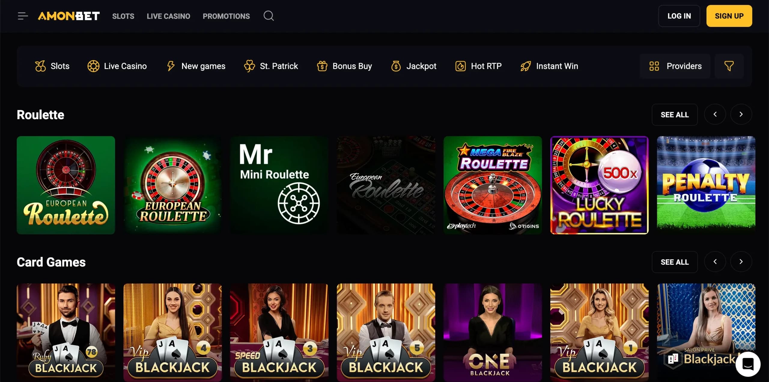 Amonbet casino roulette and card games section showing thumbnails for European Roulette, Mr Mini Roulette, and Speed Blackjack