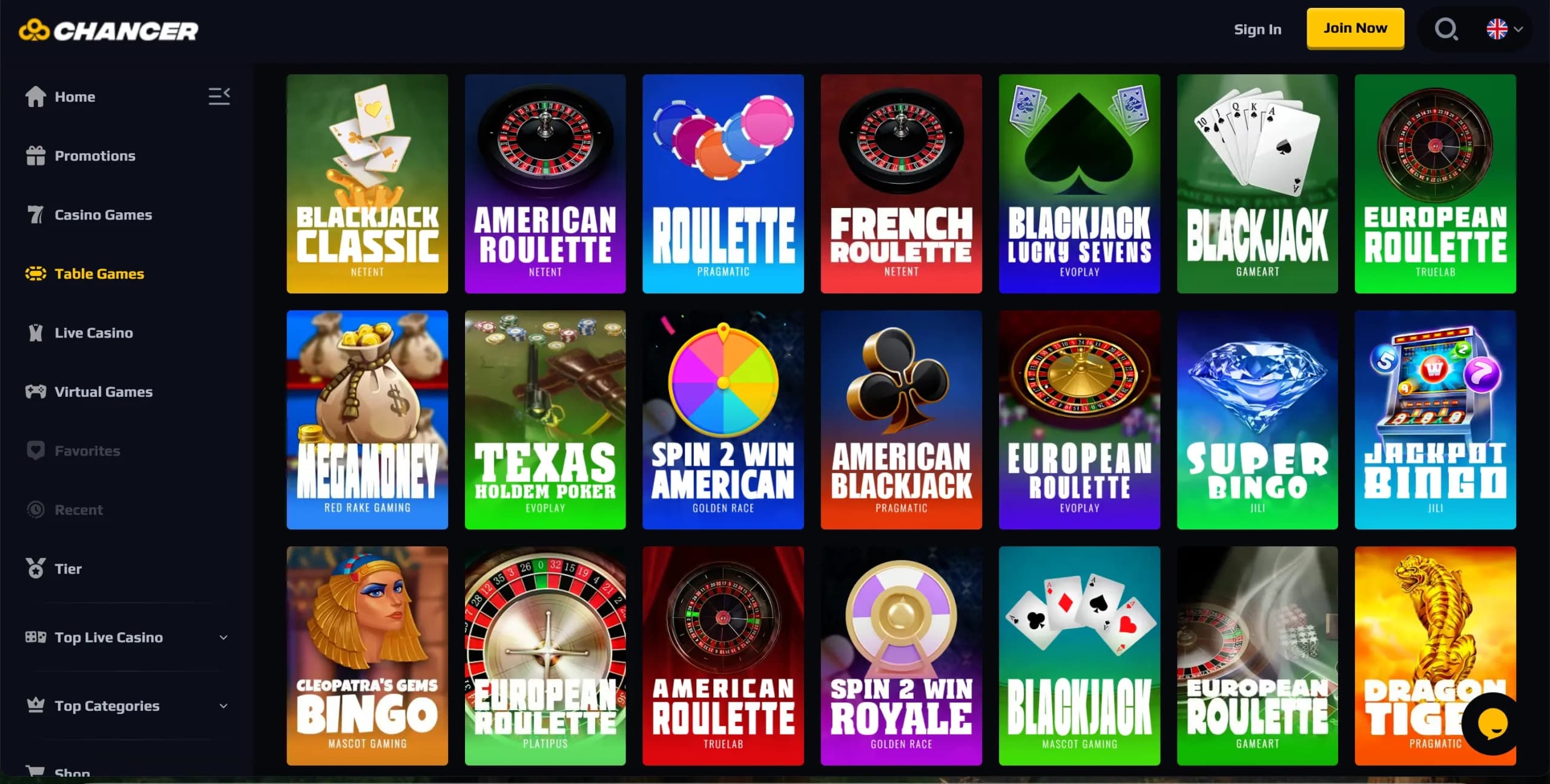 Chancer Casino table games section featuring thumbnails of blackjack, roulette, bingo, and poker titles with a left-side navigation menu