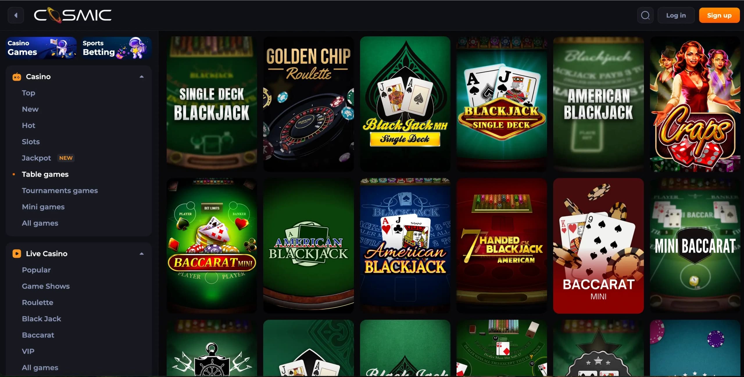 CosmicSlot Casino table games section displaying blackjack, roulette, and baccarat thumbnails alongside the left navigation menu