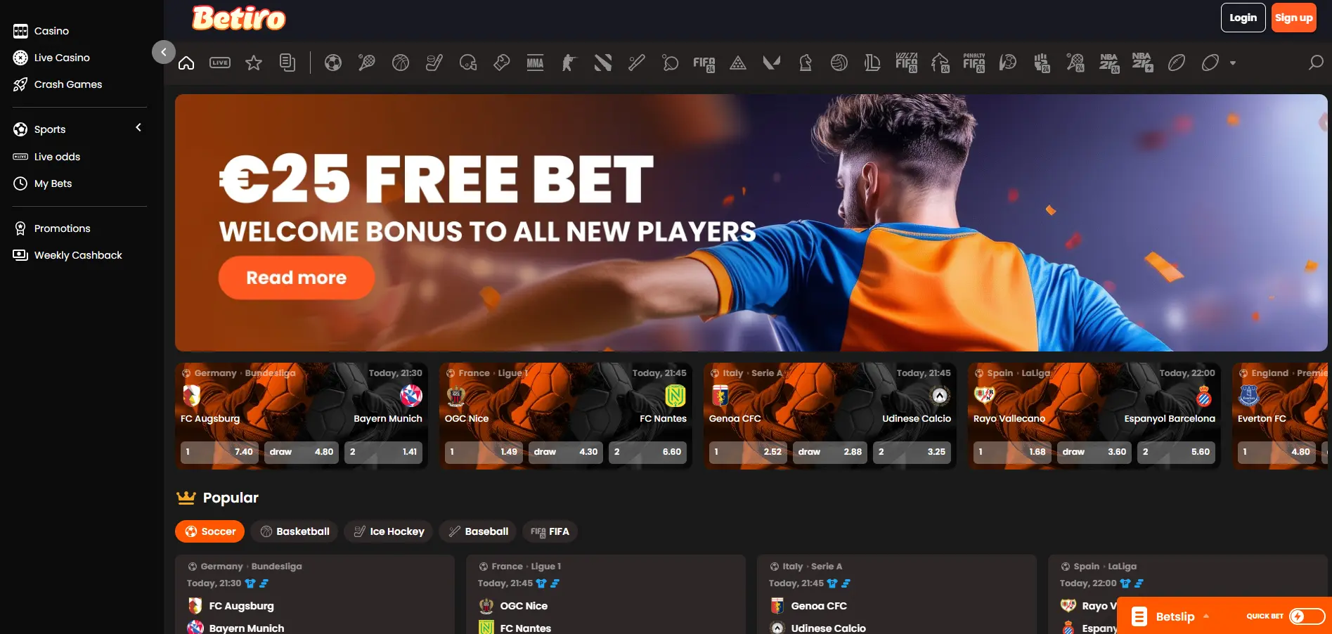 Betiro Casino sportsbook showing a sports welcome bonus banner, live match listings, sport filter icons, and a Popular subcategory for quick access to top events
