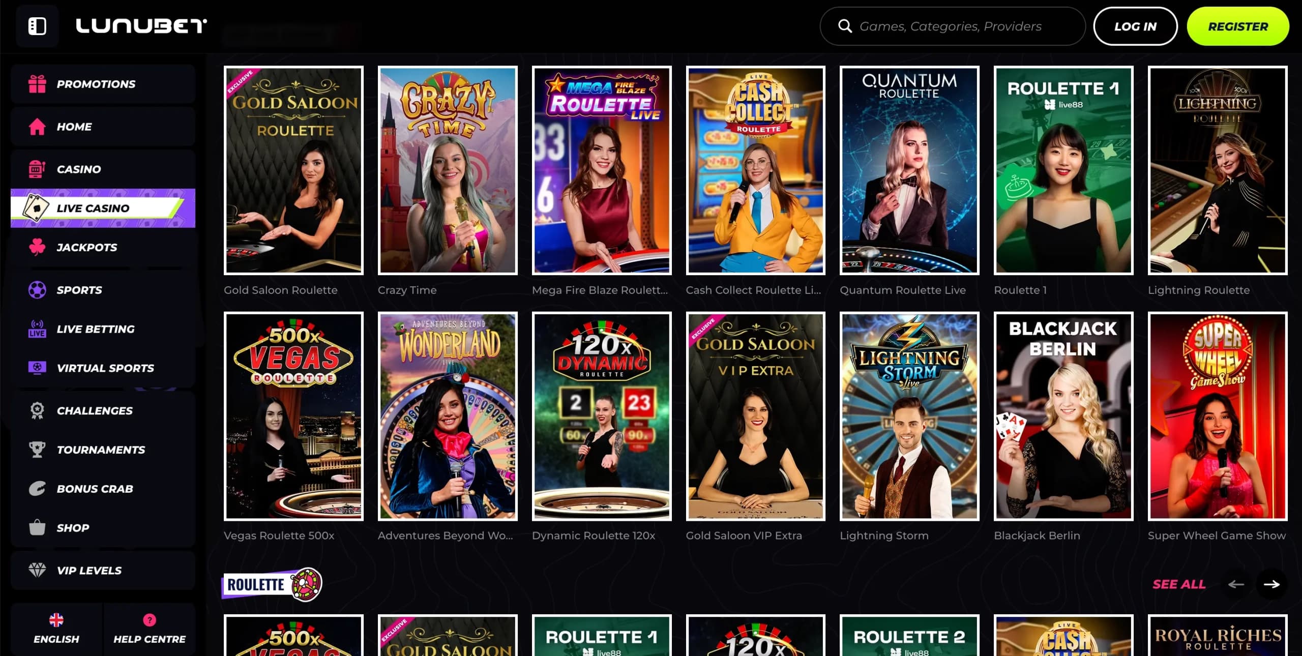 Screenshot of the LunuBet live casino section showing a grid of live dealer game thumbnails streamed from real casino studios.
