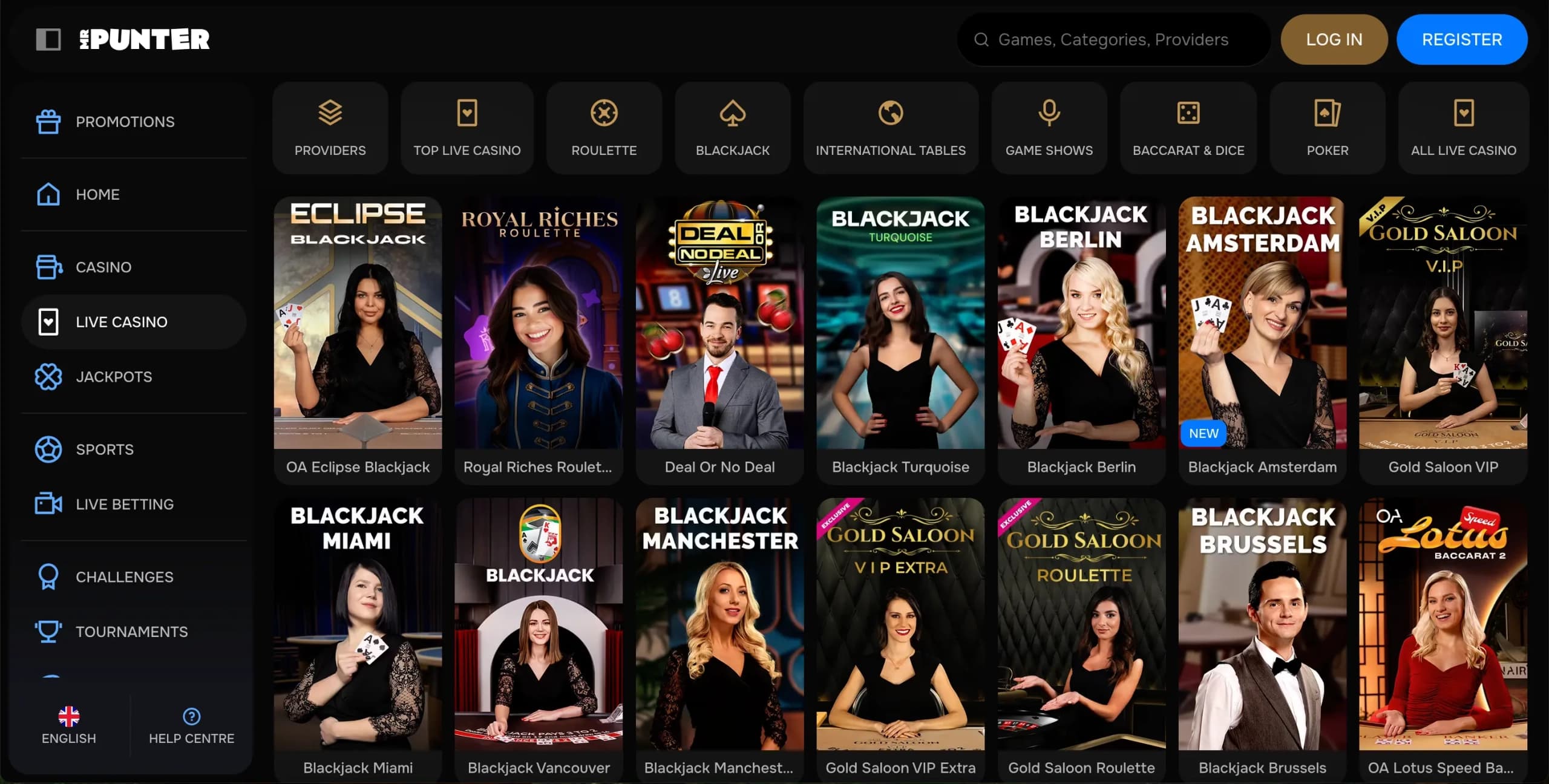 MrPunter live casino lobby displaying live blackjack, roulette, and baccarat tables with real dealers
