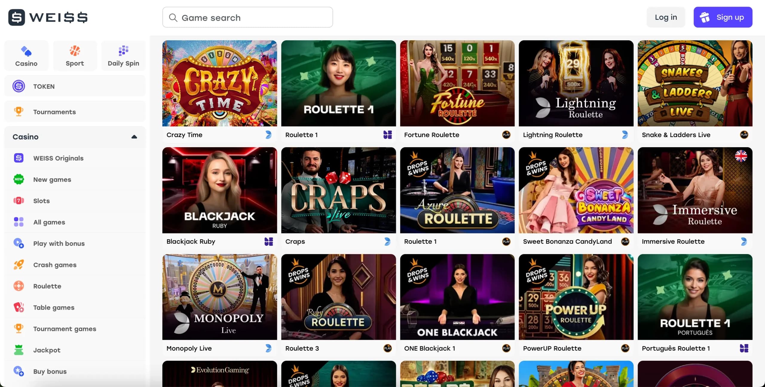 Weiss Casino live casino lobby featuring live roulette, blackjack, and game show thumbnails from multiple providers