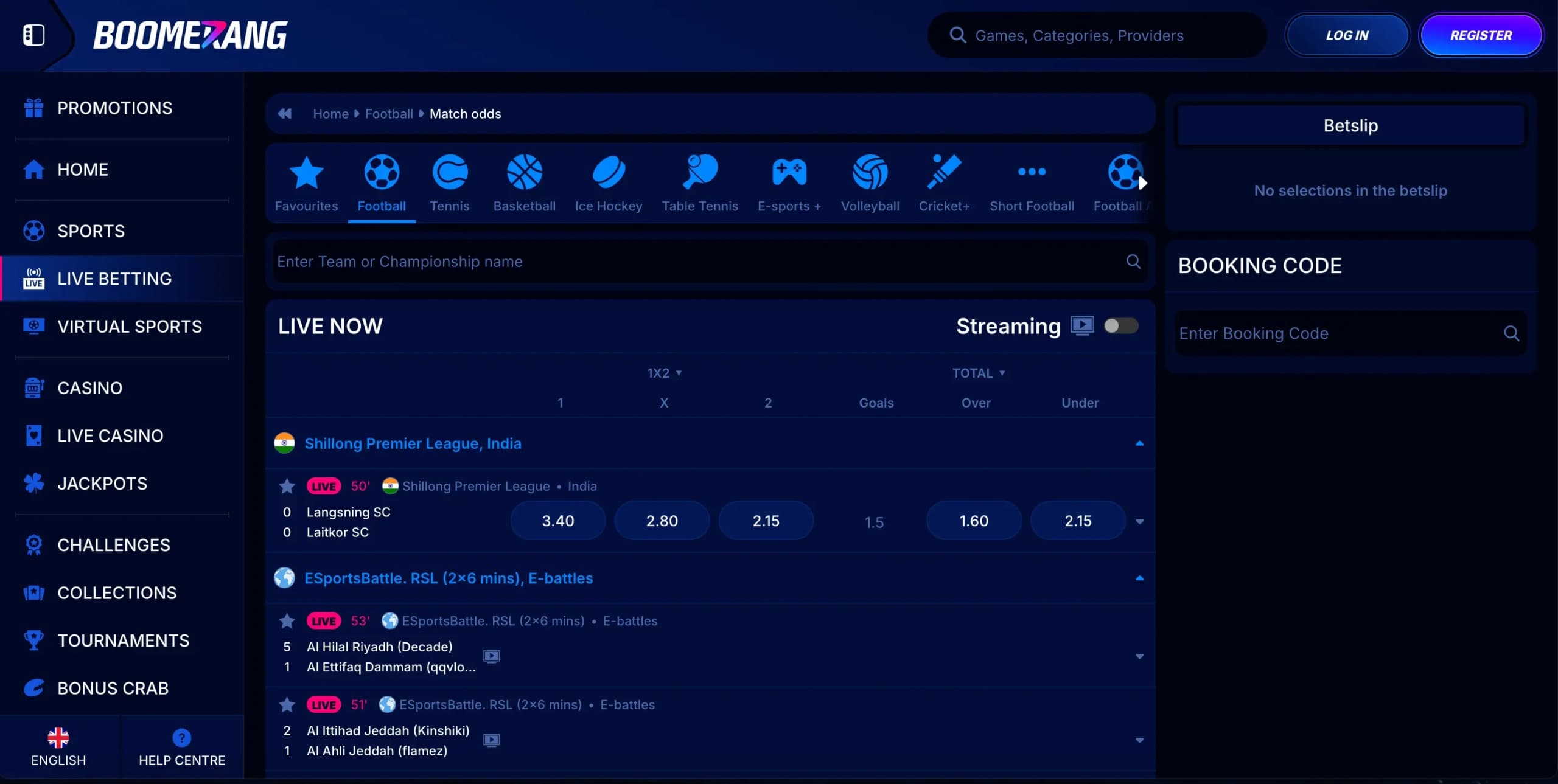 Boomerang-Bet live betting sportsbook interface showing ongoing football matches, live odds, scores, and a betslip panel with sports navigation categories