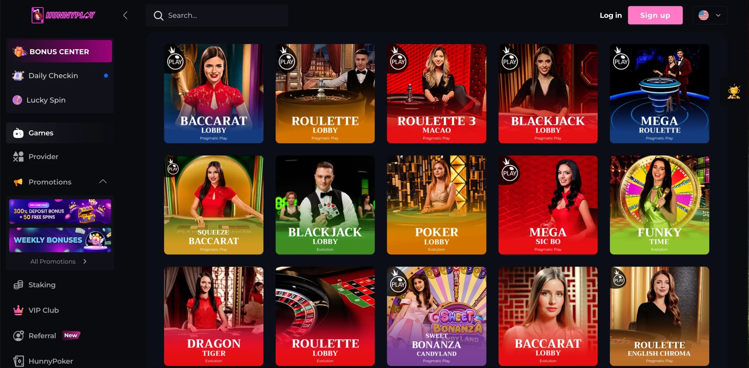 HunnyPlay Casino live casino lobby showing a grid of live dealer game thumbnails with real-time game titles, provider labels, and a left-side navigation panel