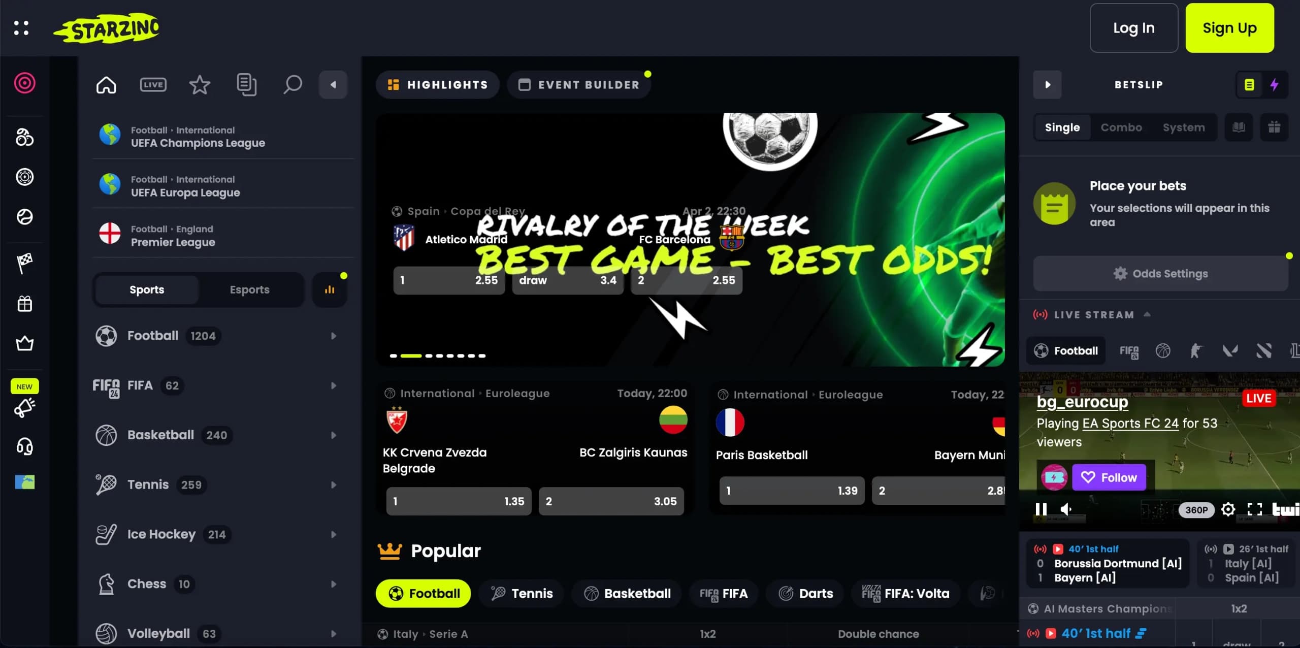 Starzino live sportsbook interface showing real-time odds for football, basketball, tennis, and esports with a featured Atletico Madrid vs FC Barcelona rivalry match