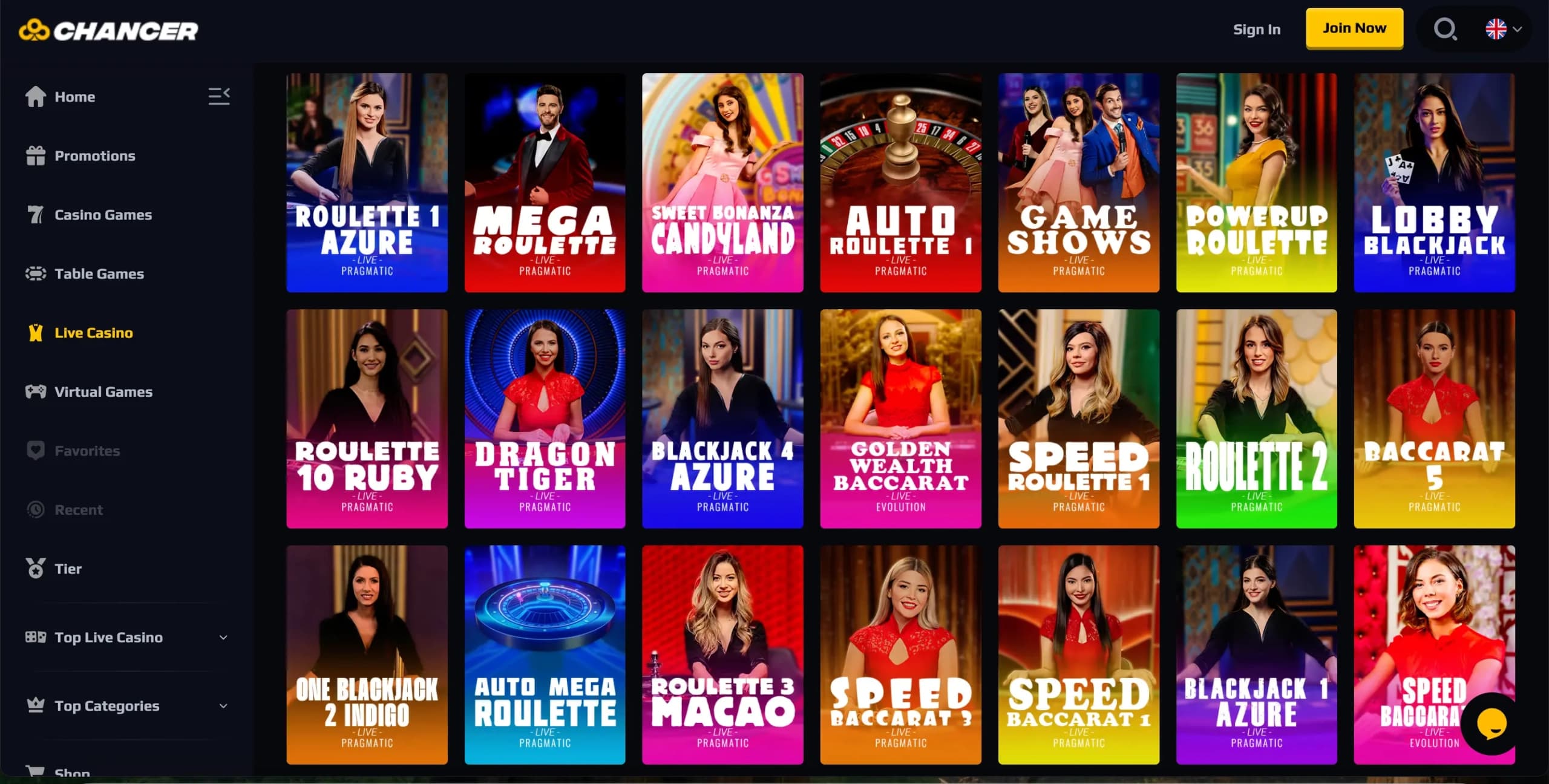 Chancer Casino live casino lobby showing roulette, blackjack, and game show thumbnails with a navigation panel on the left side