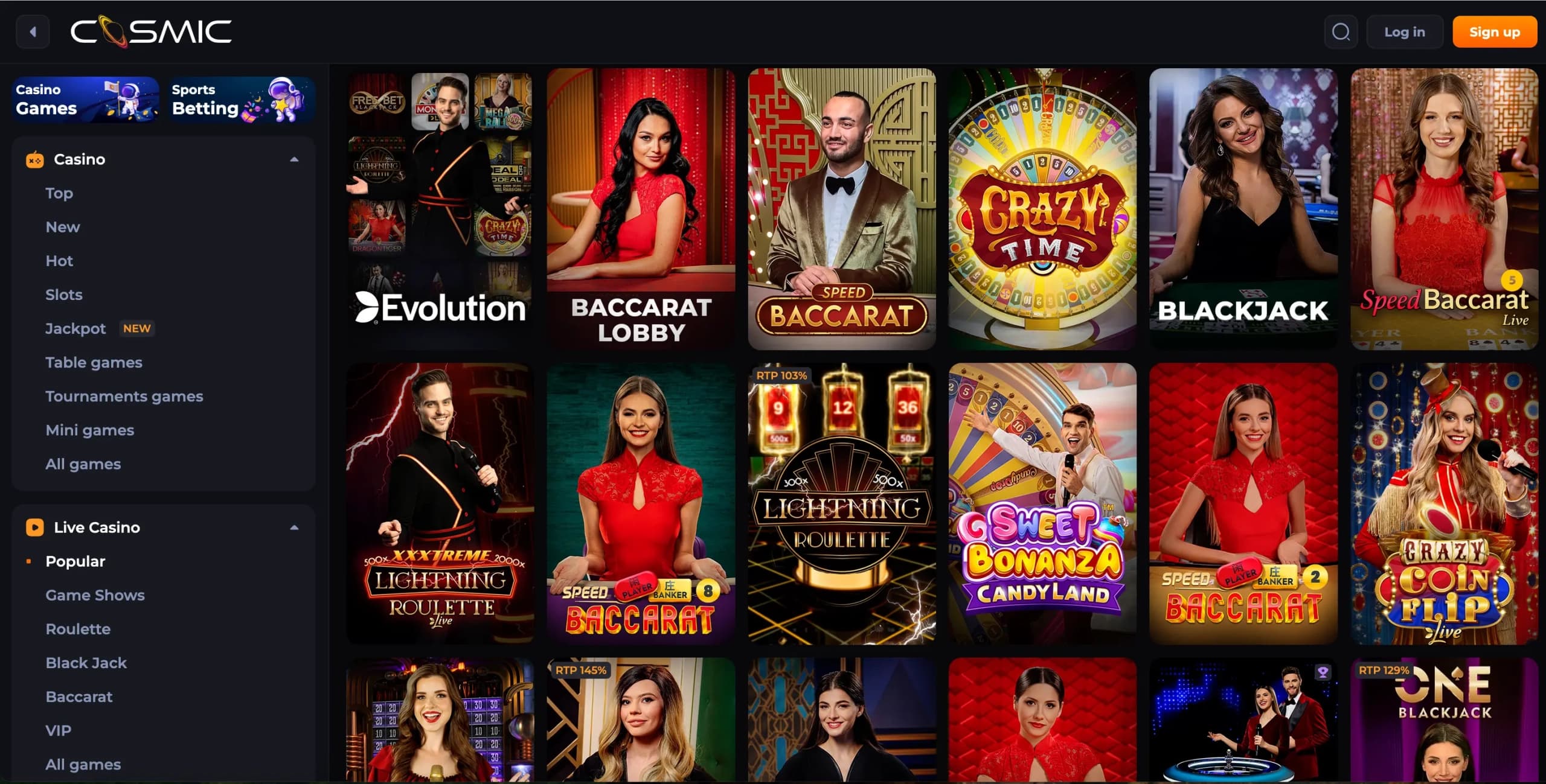 CosmicSlot Casino live dealer lobby featuring real-time table games hosted by professional dealers
