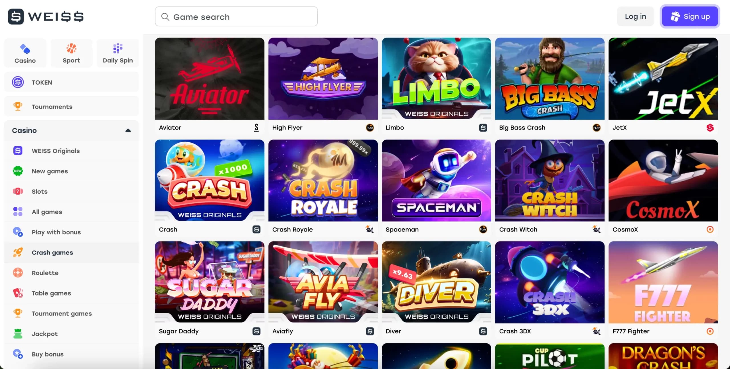 Weiss Casino crash games section displaying game thumbnails including Aviator and JetX with titles and categories