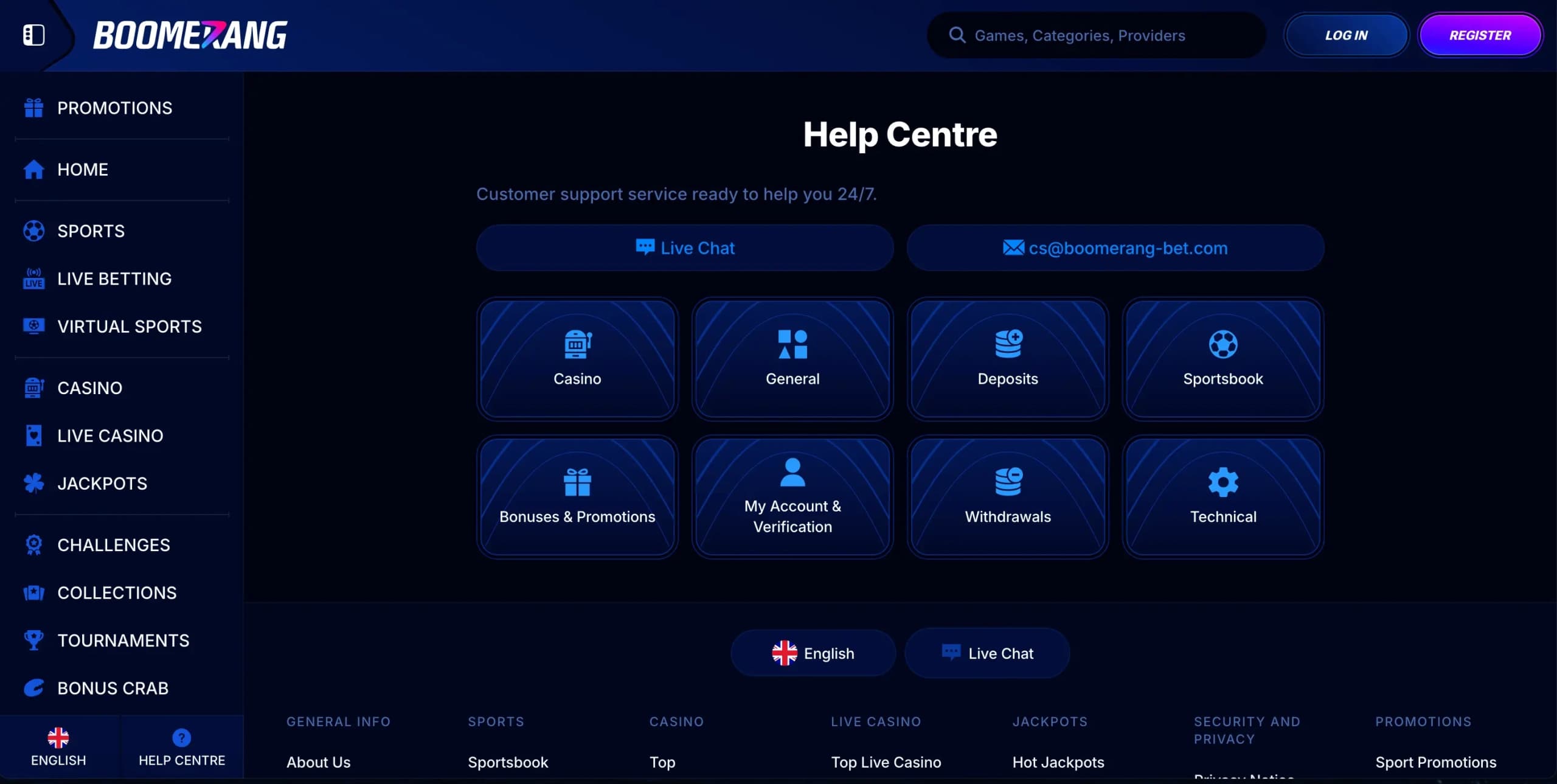 Boomerang-Bet Help Centre page showing live chat, email support at cs@boomerang-bet.com, and categorised help topics including Casino, Deposits, Withdrawals, Bonuses and Promotions, Sportsbook, and Account Verification