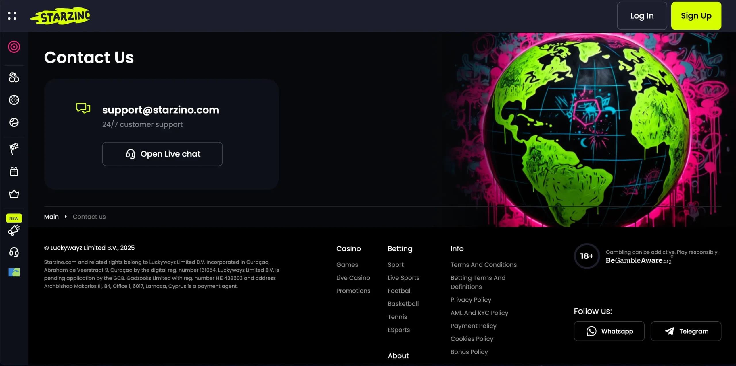 Starzino Casino Contact Us page showing live chat, email support options, social media links, and policy information on a dark-themed background with a green globe graphic
