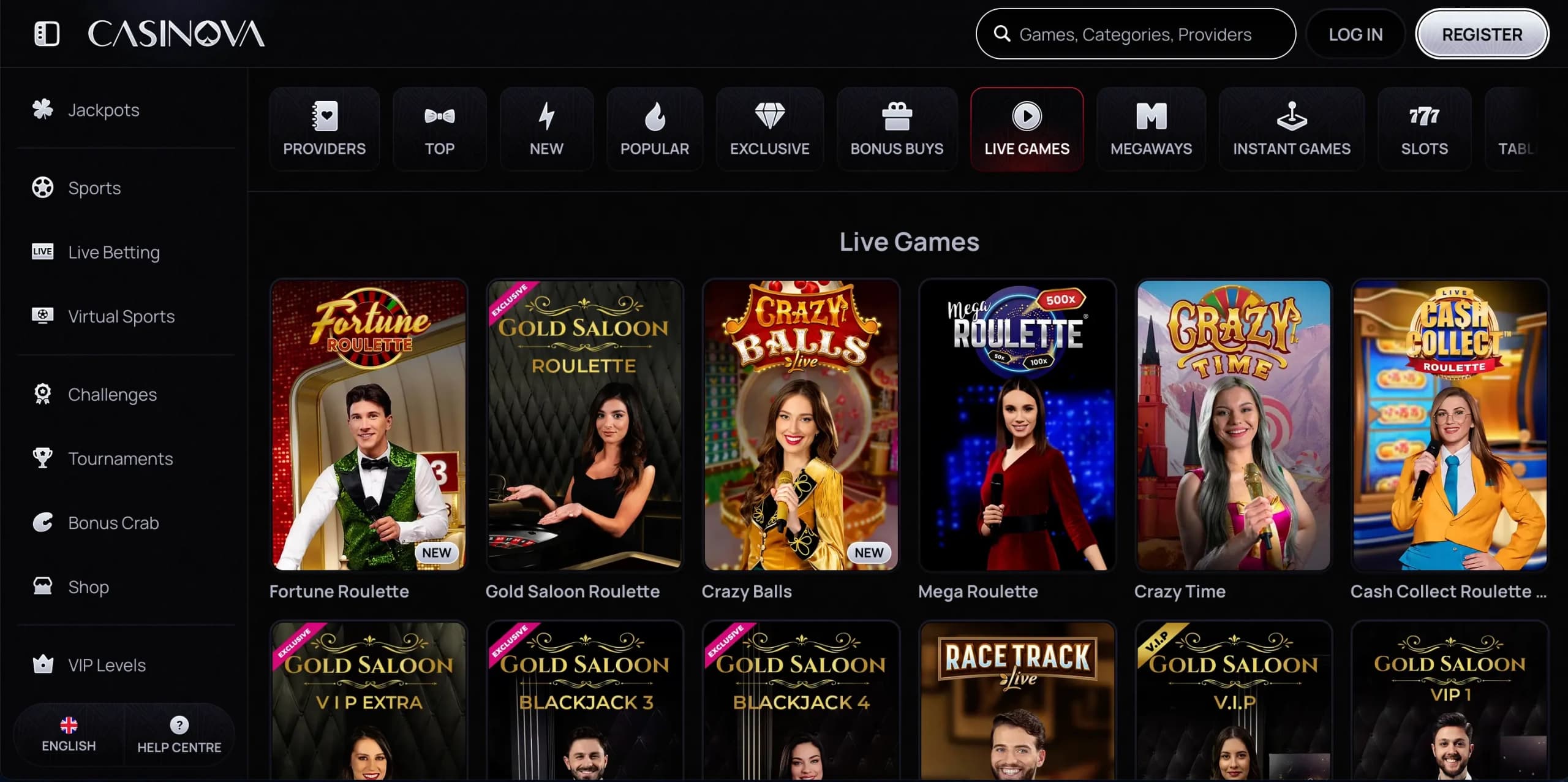 Casinova Casino live dealer lobby displaying game categories, featured titles, and login and registration buttons