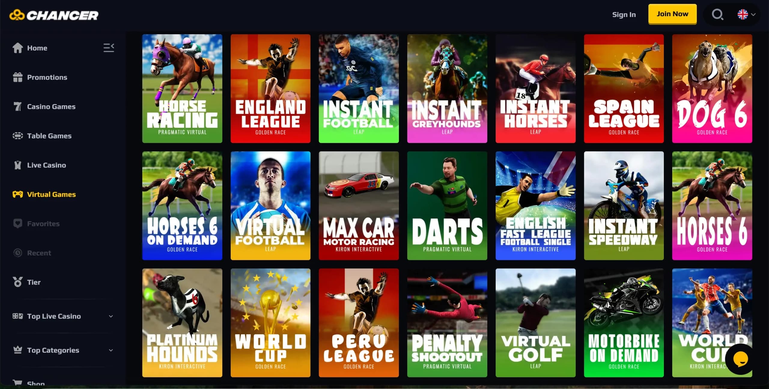 Chancer Casino virtual games section displaying simulated sports thumbnails including horse racing, football, and darts with a left-side navigation menu
