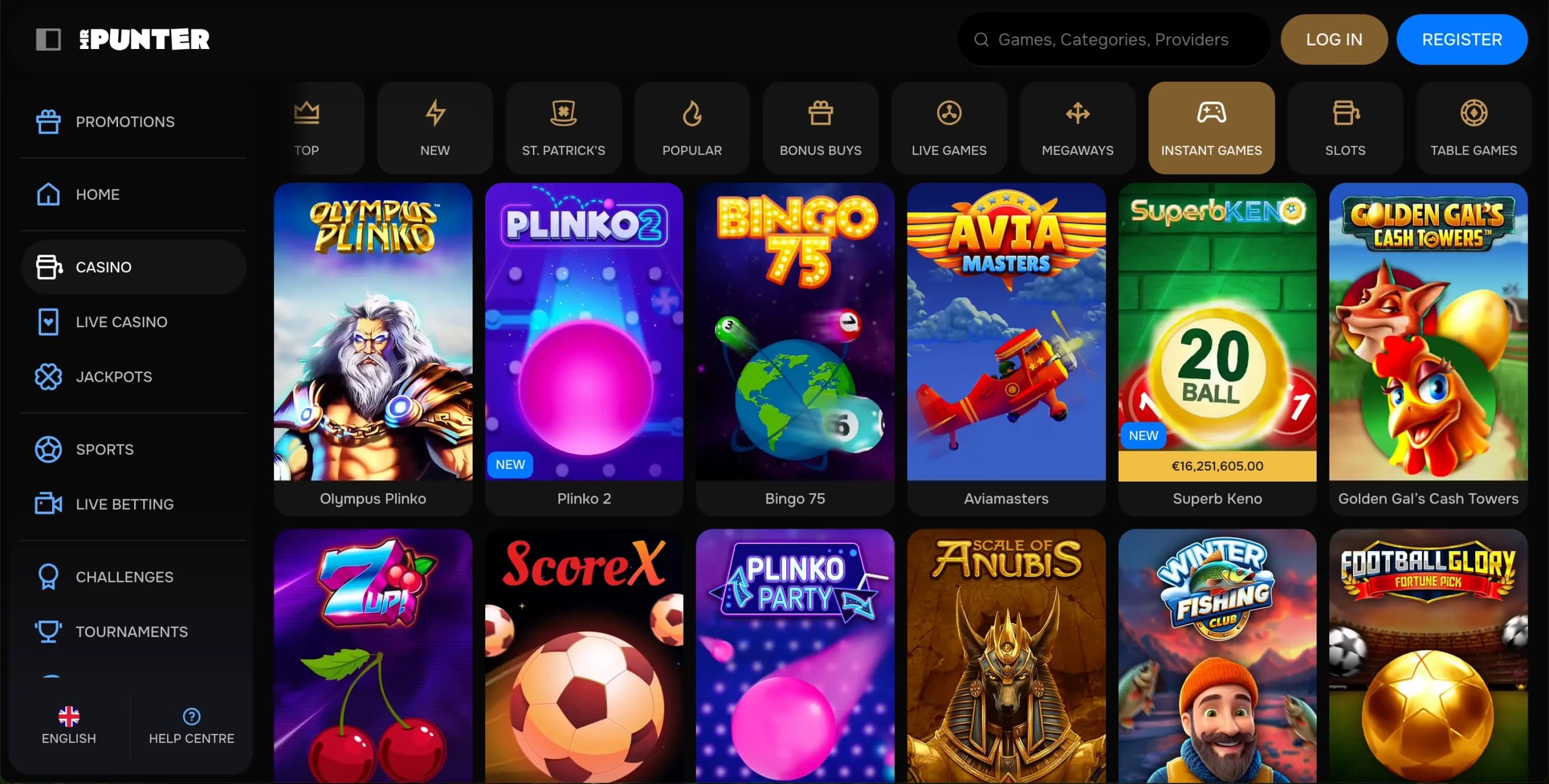 MrPunter Casino instant games section showing Plinko, bingo, and virtual sports game thumbnails