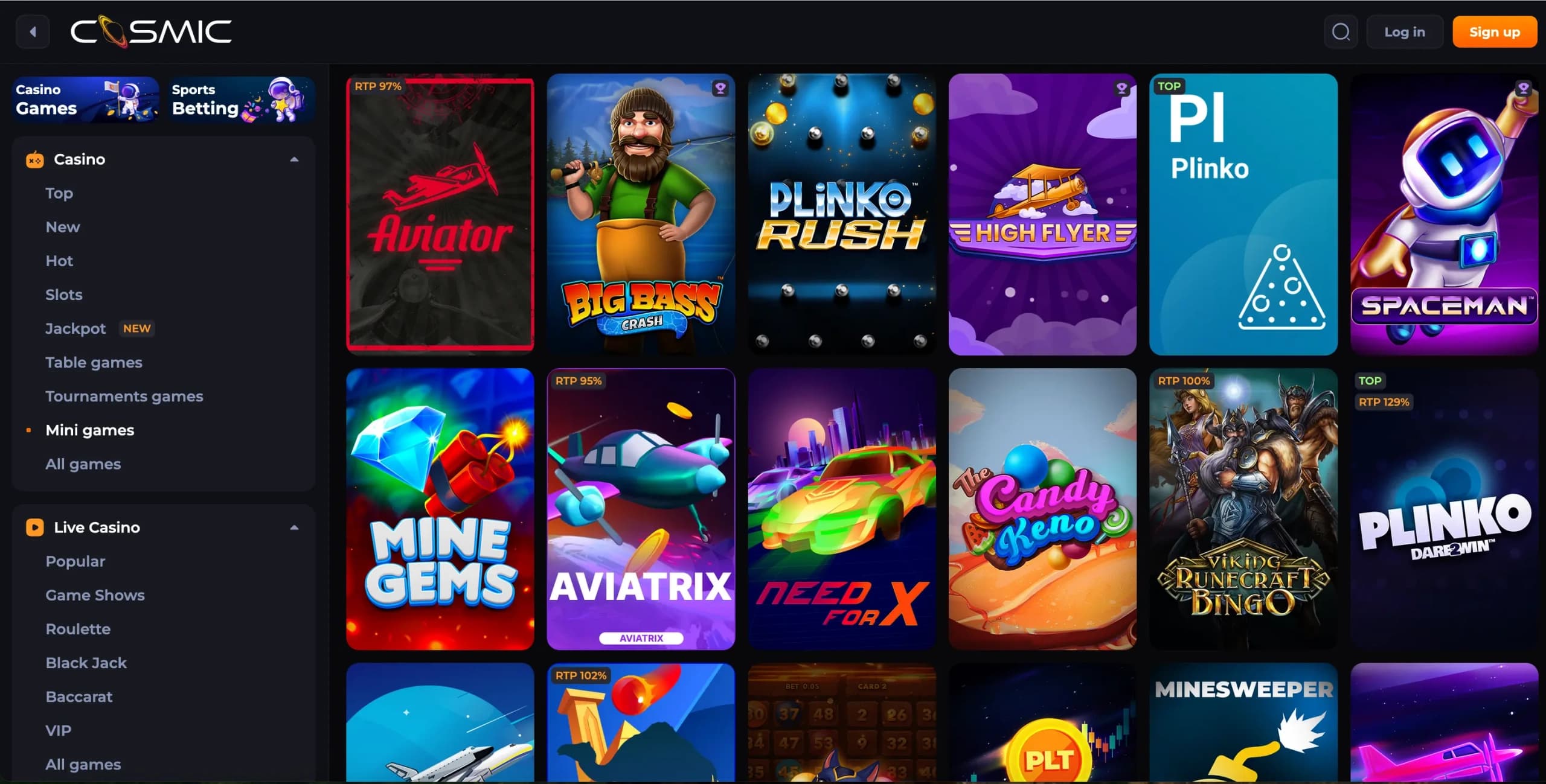 CosmicSlot Casino mini games lobby showing Plinko, Aviator, and Mine Gems thumbnails with the left-side navigation menu visible