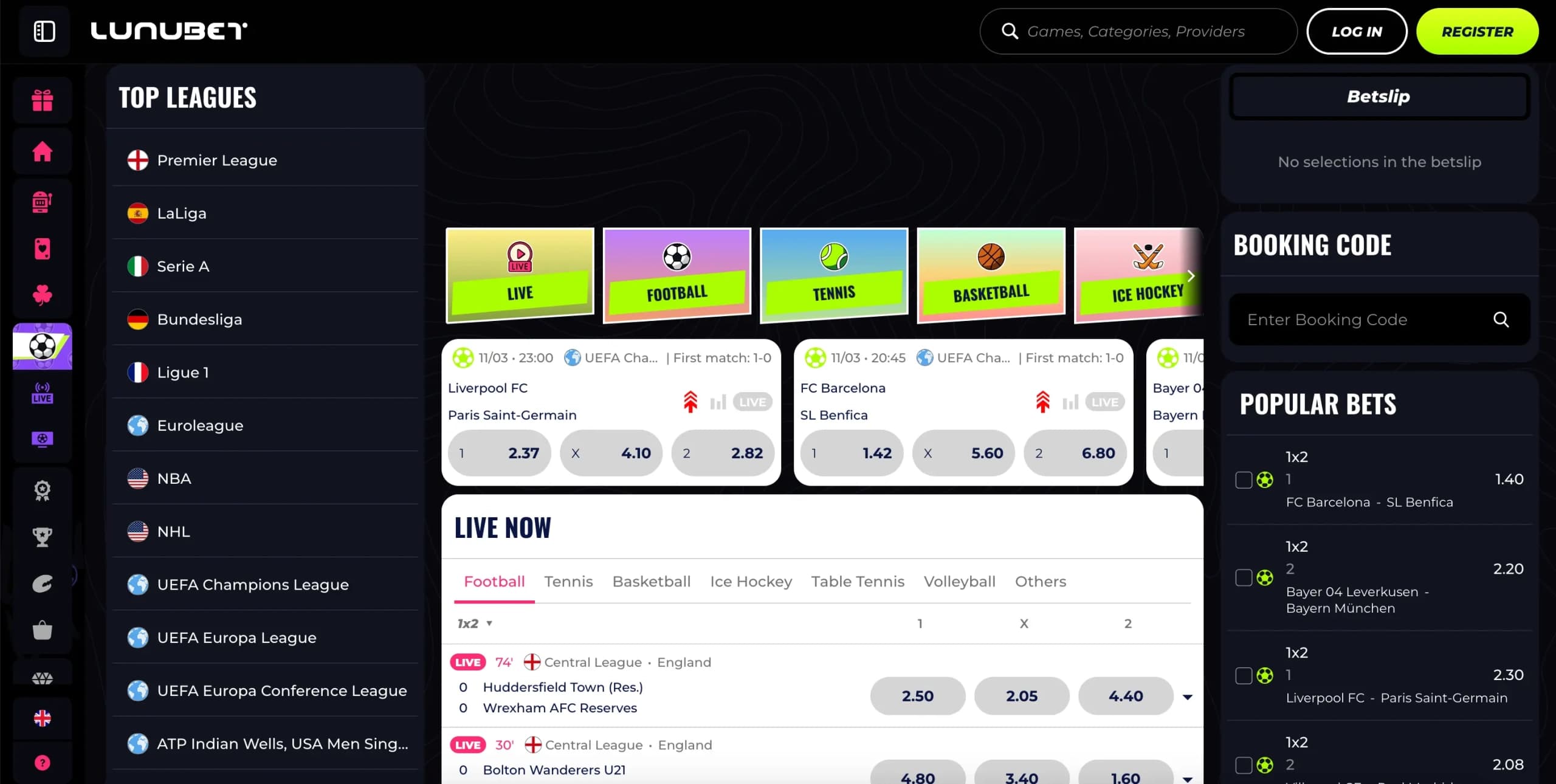 LunuBet sportsbook interface displaying live events, upcoming matches, betting odds, and wagering options