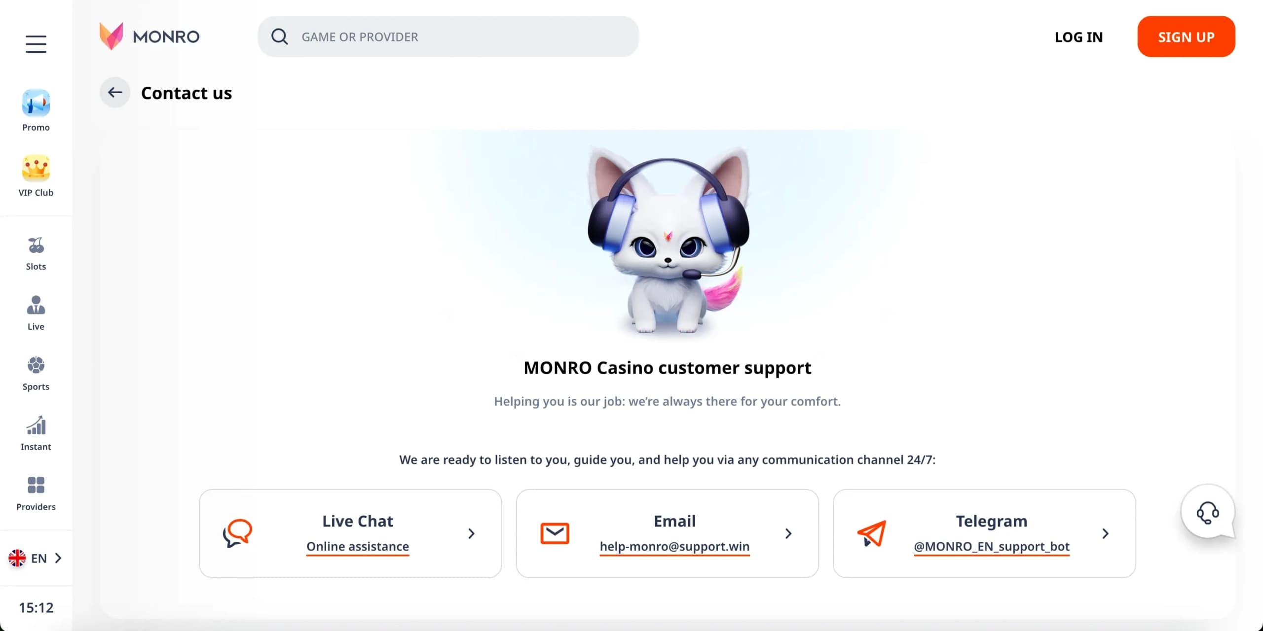 Monro Casino Contact Us page showing live chat, email, and Telegram support options with a cartoon animal mascot wearing headphones