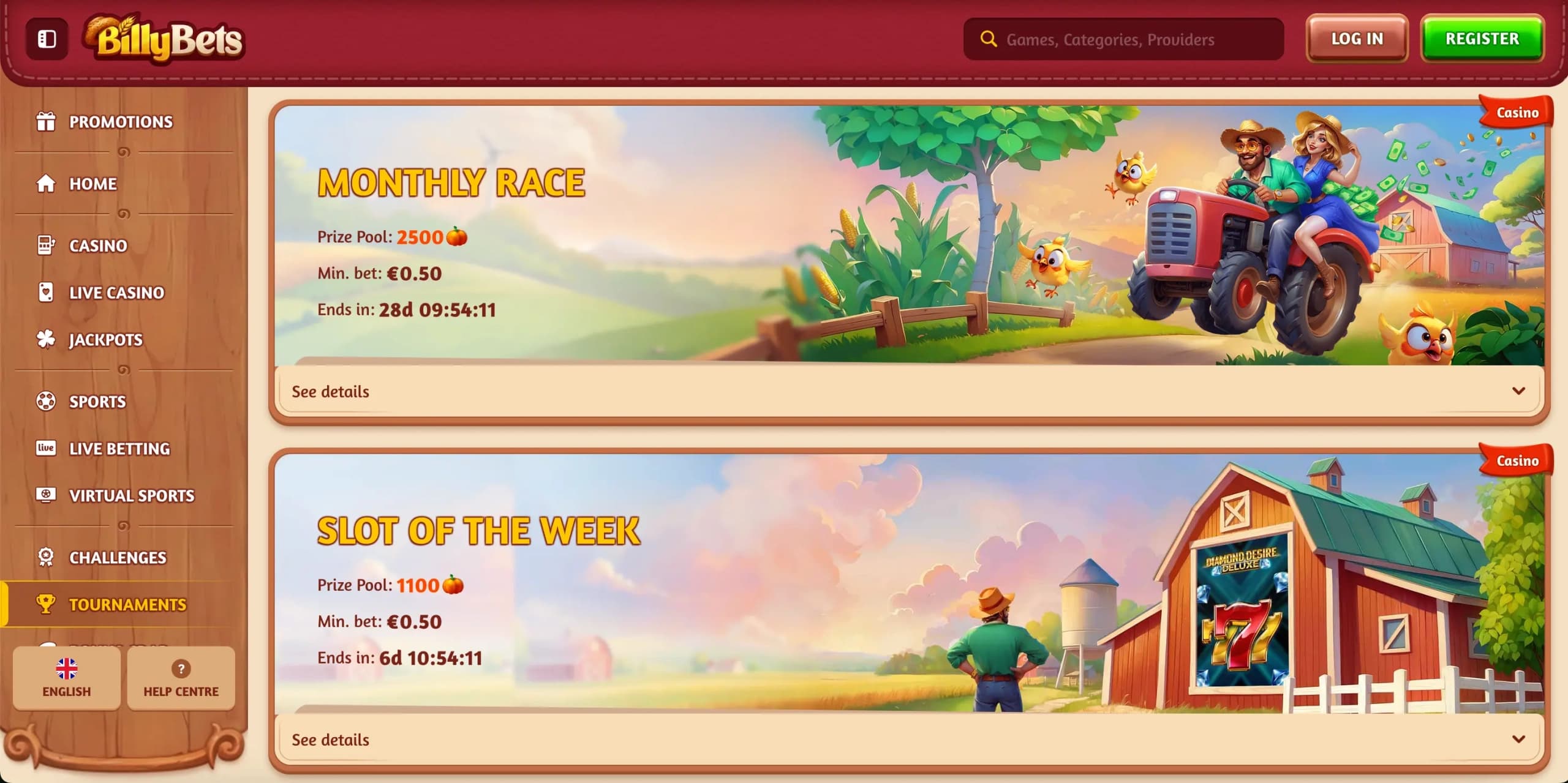 BillyBets casino promotions page showing Monthly Race with 2500 prize pool and Slot of the Week with 1100 prize pool, both with countdown timers and cartoon-style artwork