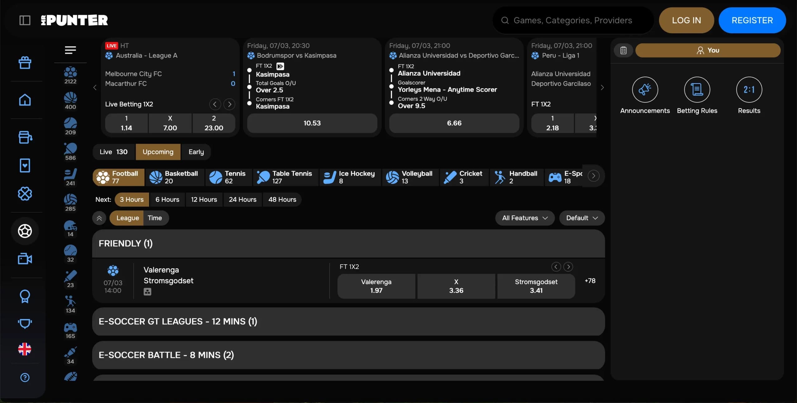MrPunter sportsbook interface showing live odds, upcoming events, sport categories, and betting navigation options