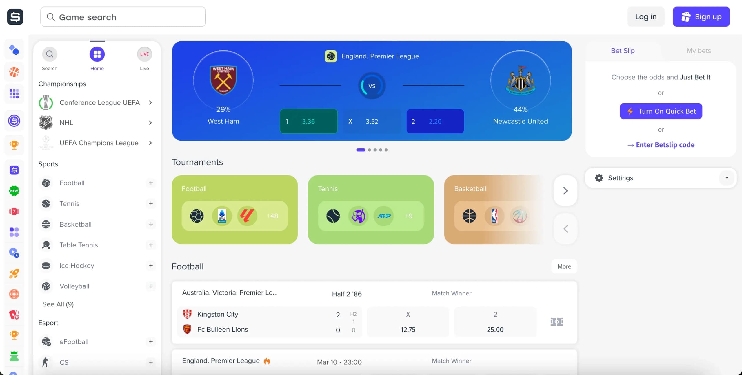 Weiss Casino sportsbook interface showing live betting on West Ham vs Newcastle United with sports categories and wagering options displayed
