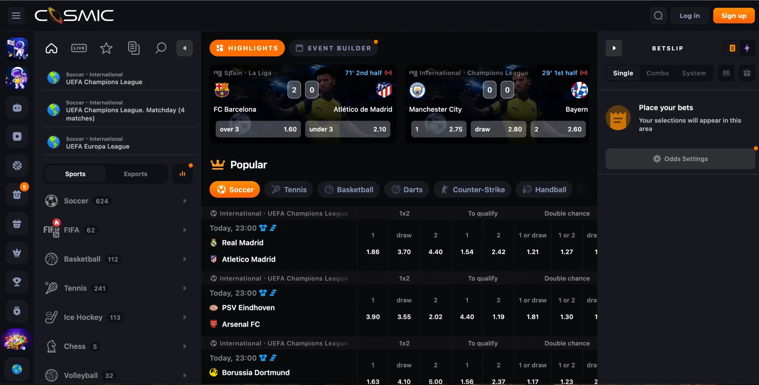CosmicSlot sportsbook interface showing live soccer match odds, upcoming events, and an active bet slip on a dark-themed layout