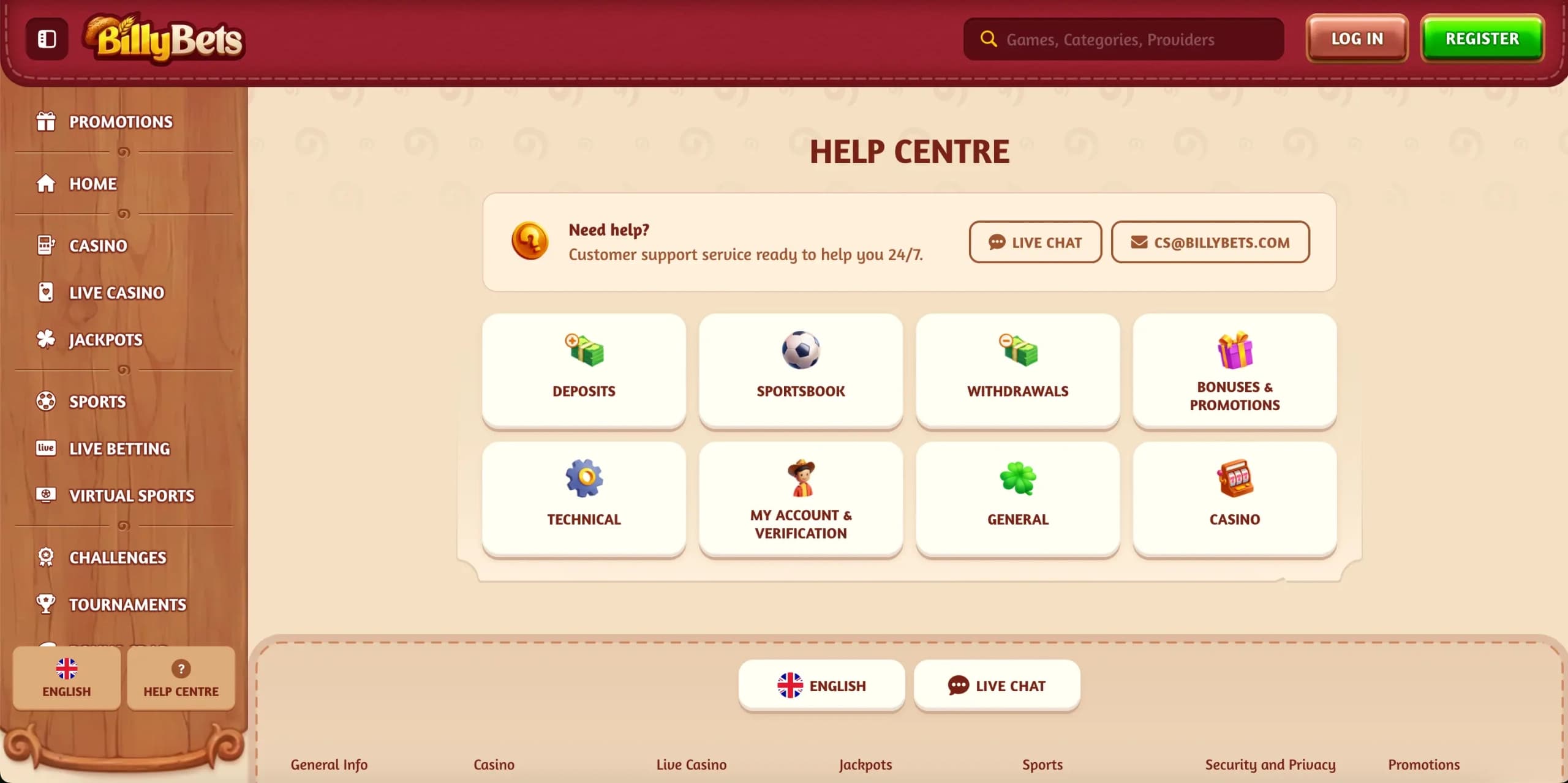 BillyBets Casino Help Centre page showing live chat, email support, and categorised help topics including deposits, withdrawals, bonuses, and account verification