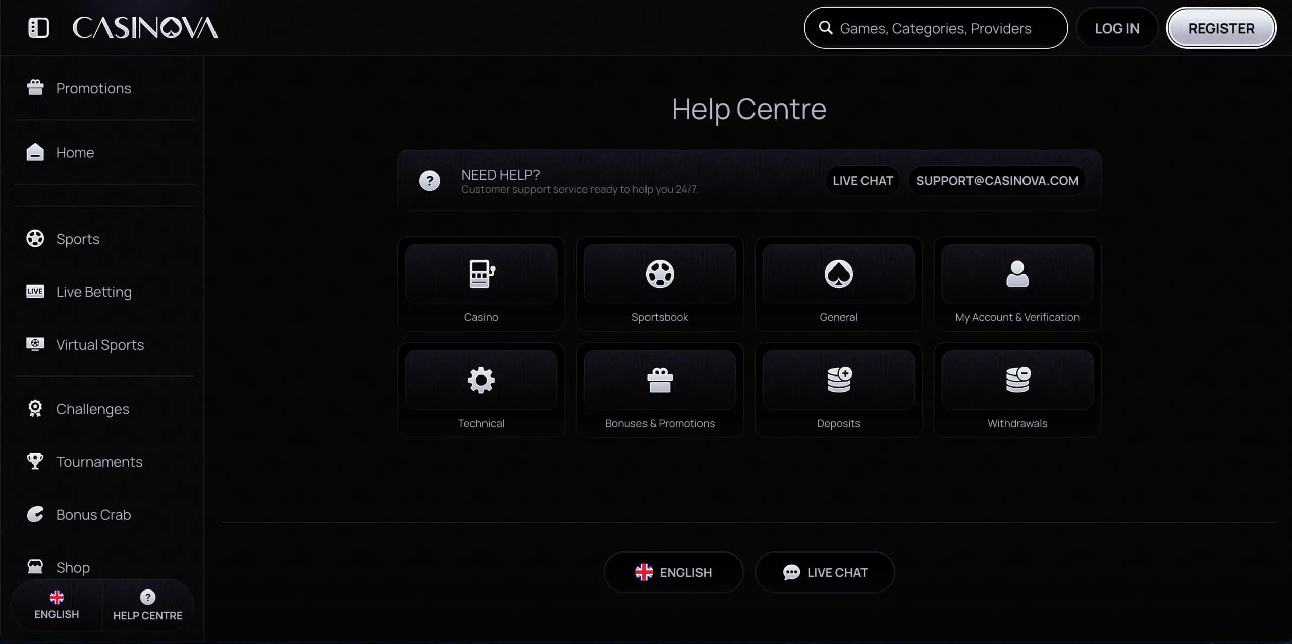 Casinova Casino Help Centre page showing support categories including deposits, withdrawals, and bonus FAQs