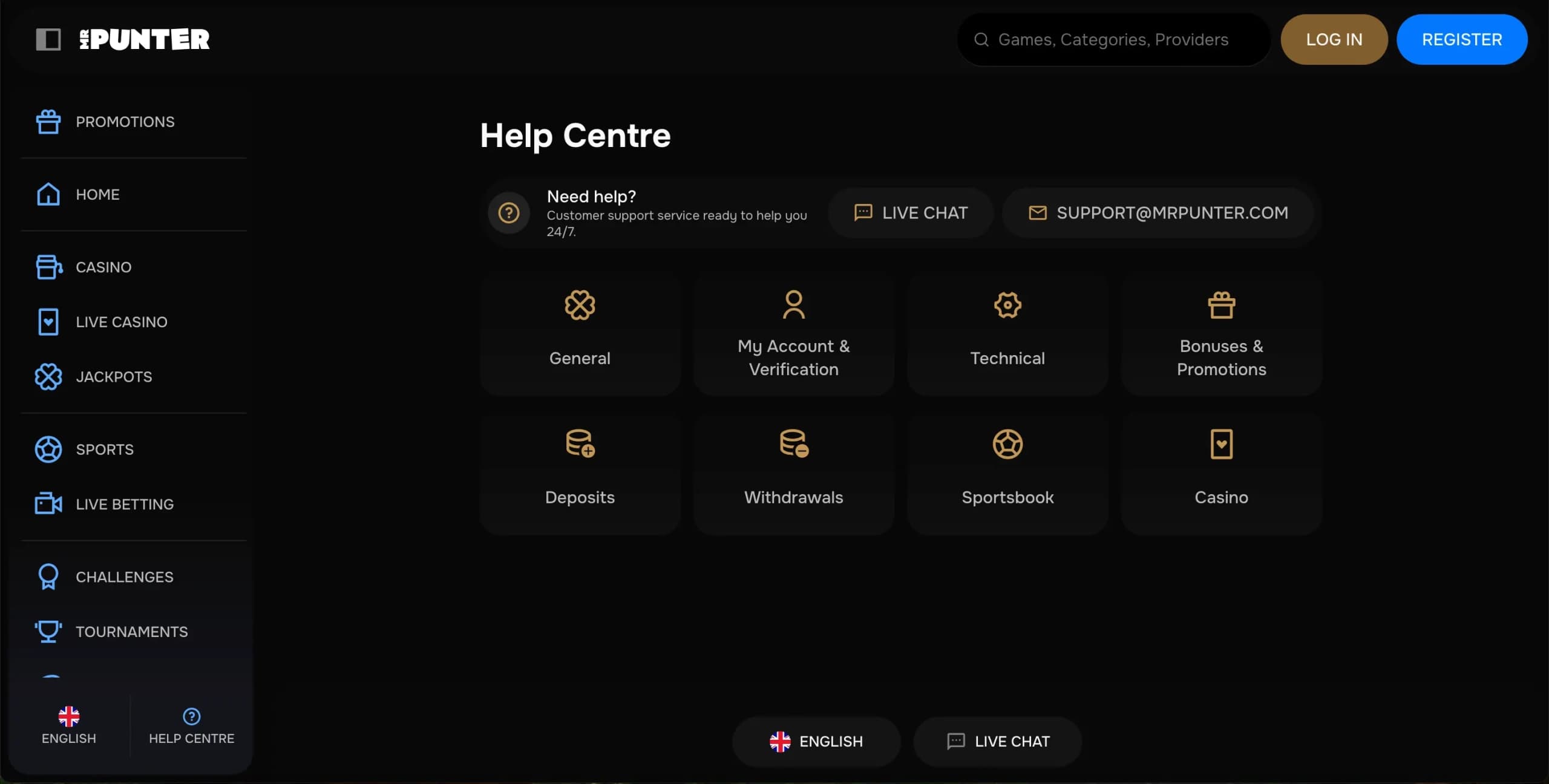 MrPunter Casino Help Centre page showing support categories and self-service options