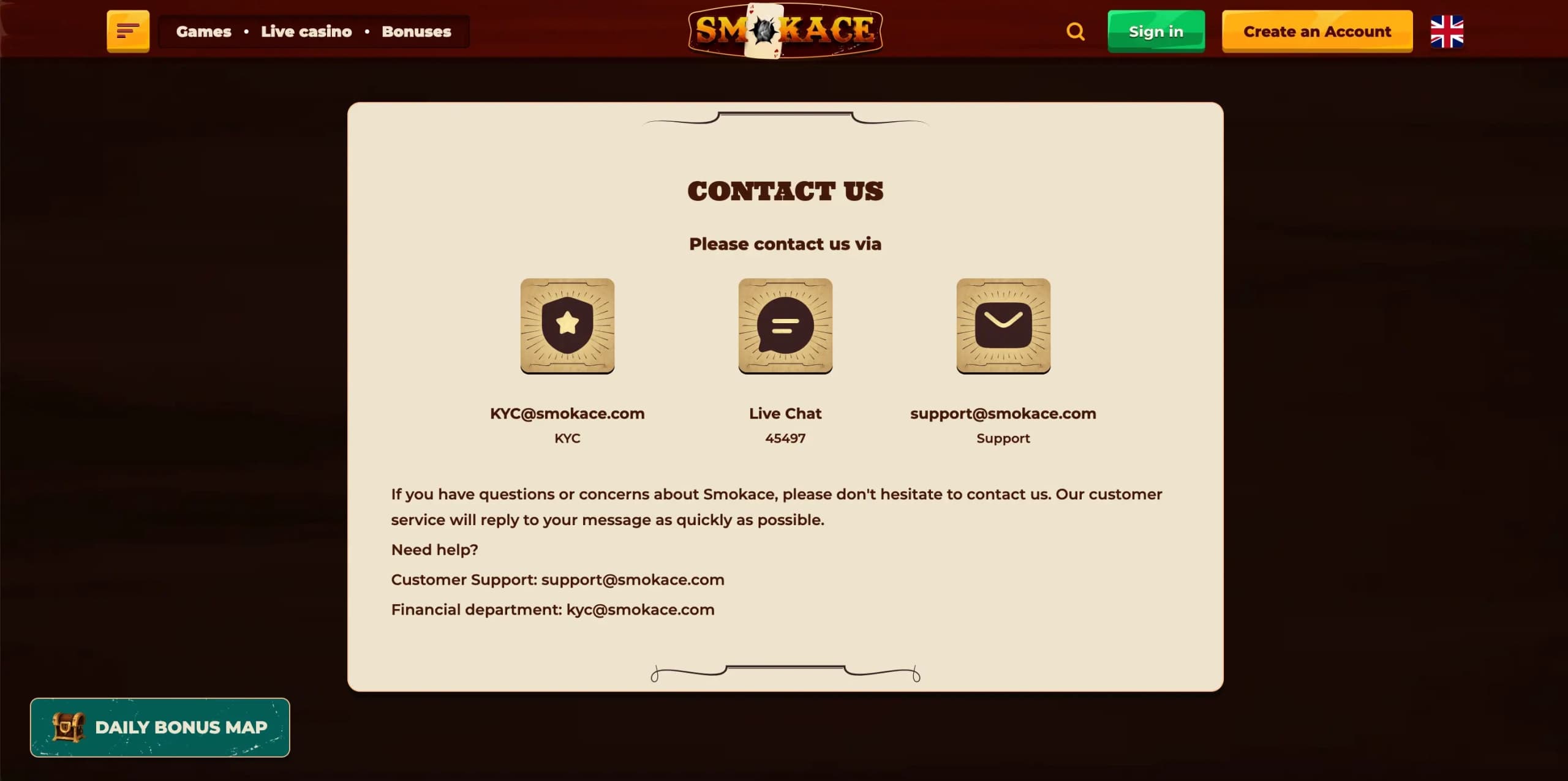 SmokAce Casino customer support live chat and FAQ options