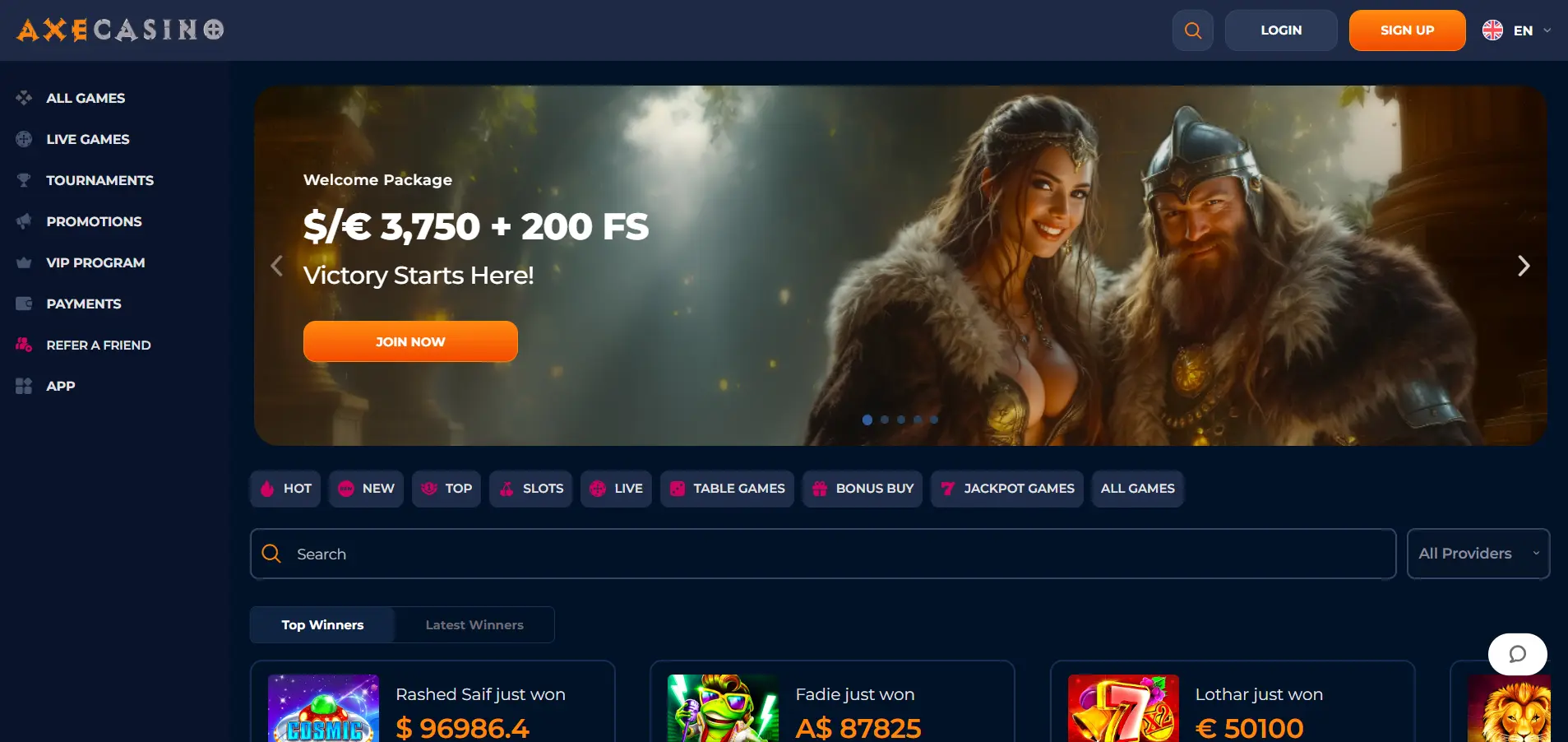 Axe Casino homepage featuring the site logo, sign-up and login buttons, a side navigation menu, top game selections with filter options, and a welcome bonus banner showing a Viking man and woman