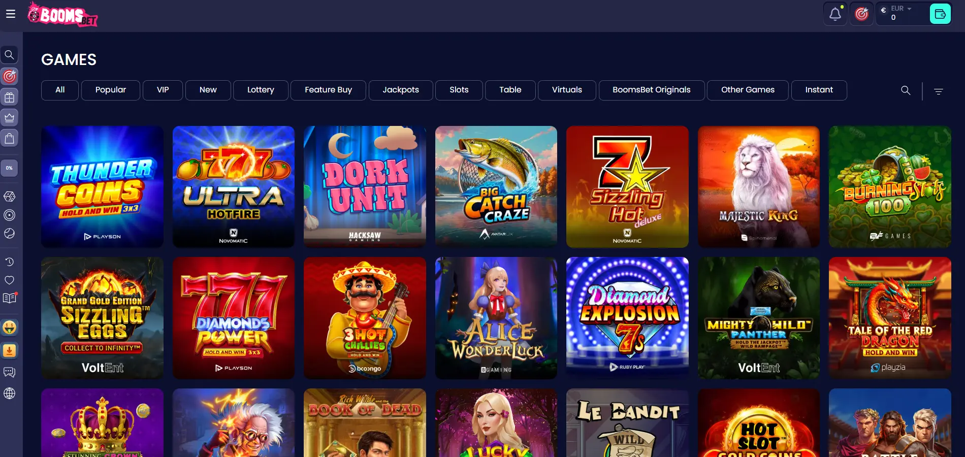 Booms.bet Casino game library screen showing colorful titles including Thunder Coins, 777 Ultra Hot Fire, and Dork Unit, with category tabs for All, New, Popular, Lottery, Slot, Live Games, and Table Games