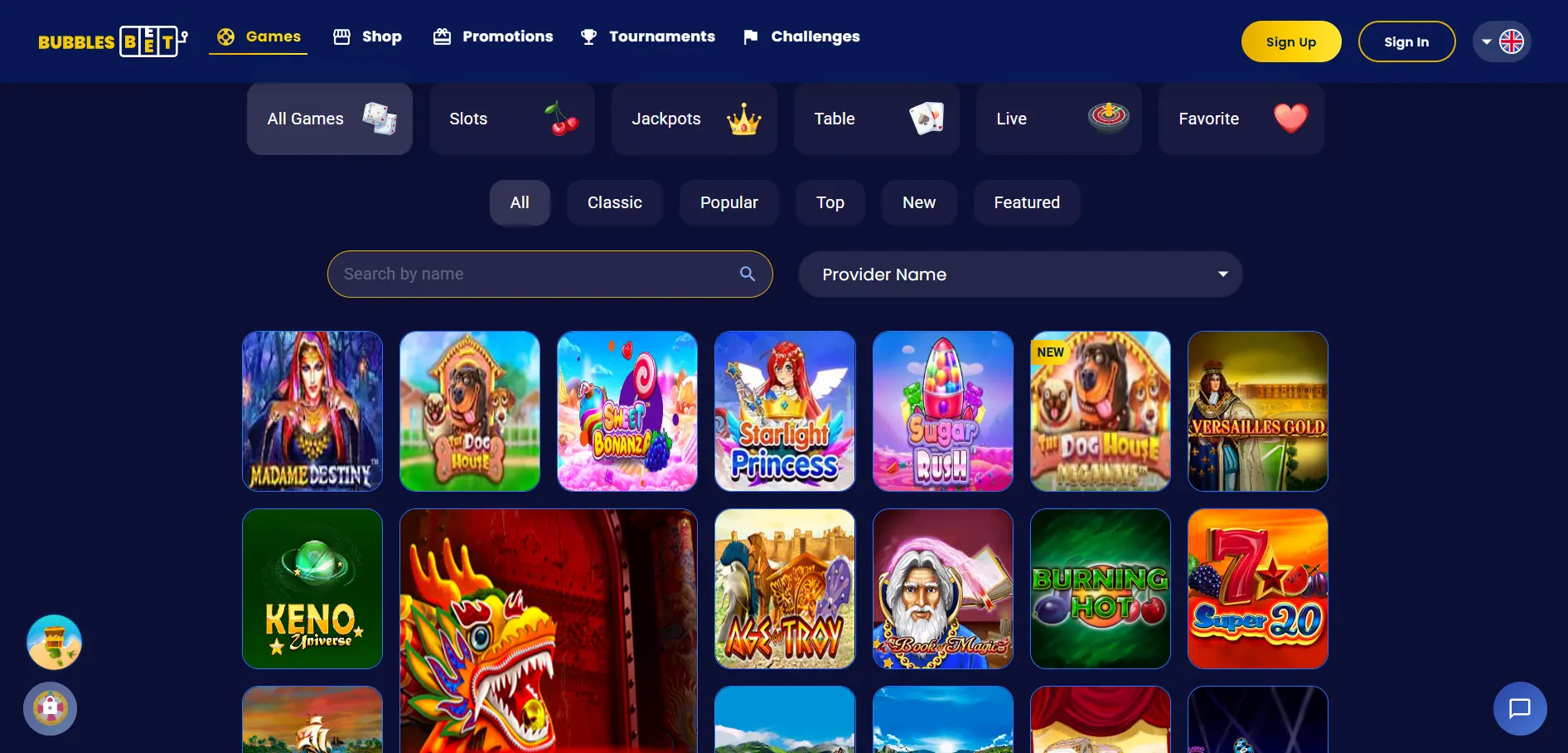 Bubbles Bet casino games lobby showing category filters for Slots, Jackpots, Table, Live, and Favorites along with a search bar and featured game thumbnails